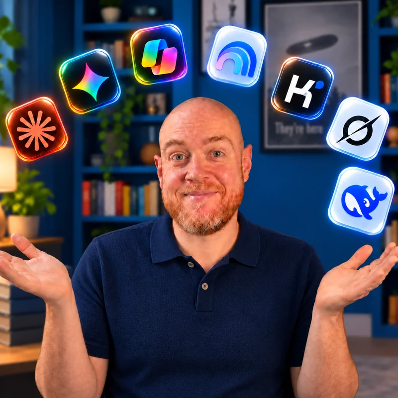 Dan Fitzpatrick, AI Educator, juggling education apps in a warm office setting
