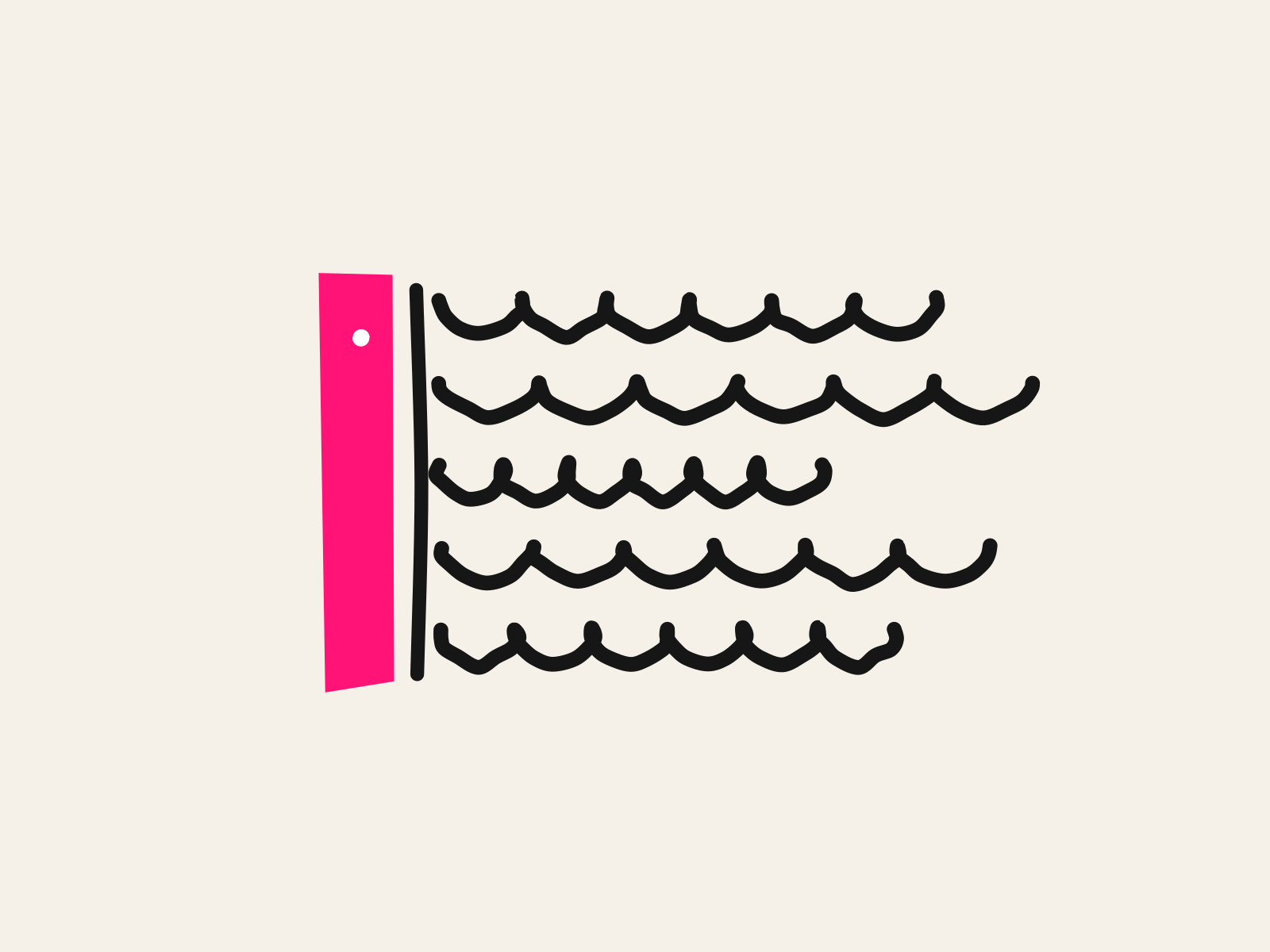 Five uneven hand-drawn lines of writing, each one starting flush against a single pink paper margin bar, standing for a department head's job of making five teachers' work line up.