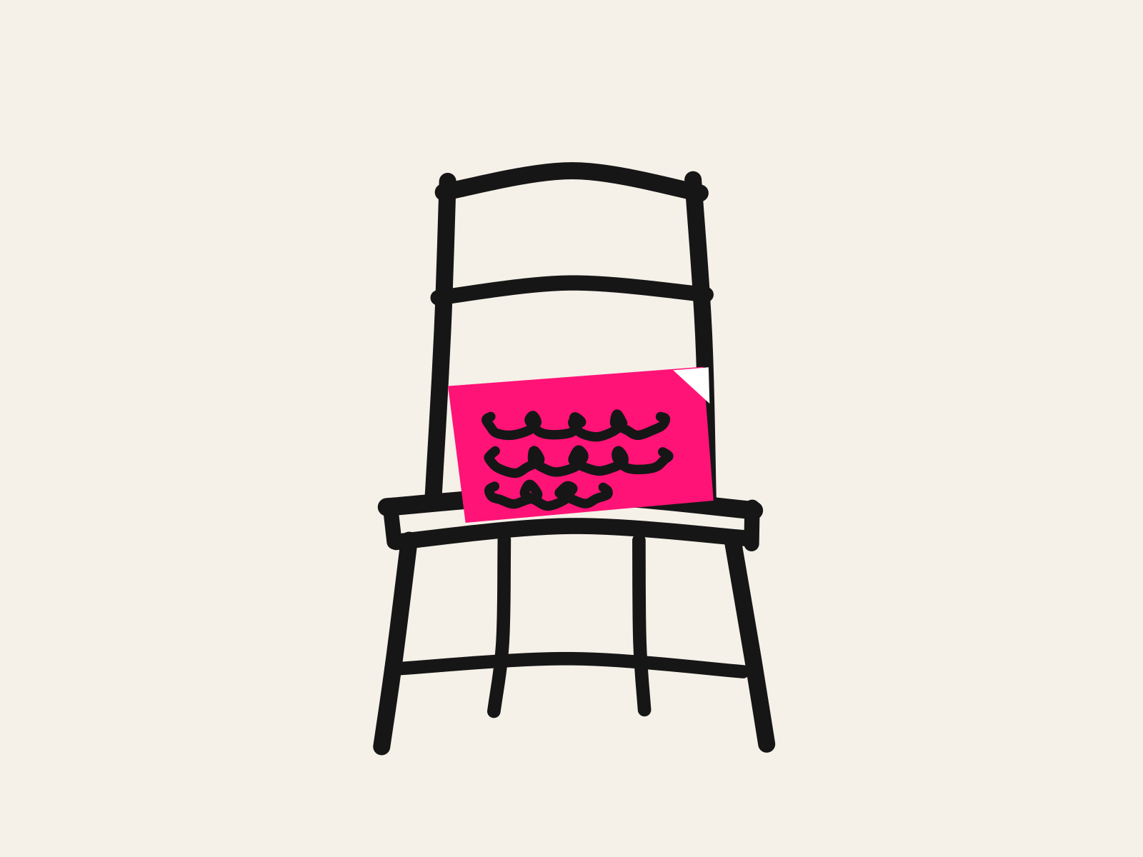 A pink cut-paper note covered in three lines of black scribbled handwriting rests on the seat of an empty black hand-drawn chair, standing for the absent teacher and the plan left behind for whoever walks in.