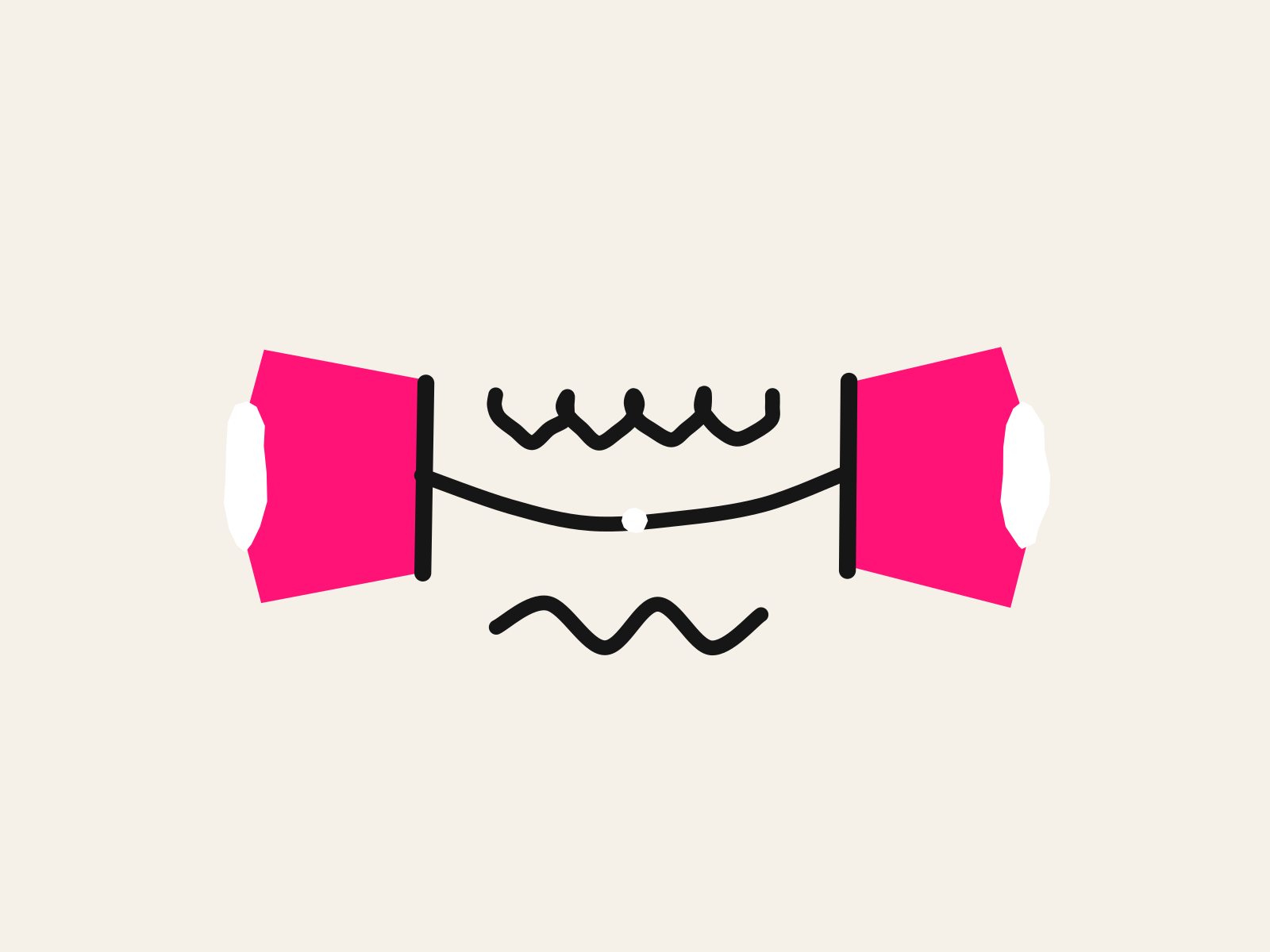 Two pink cut-paper cups with their mouths facing outward are joined by a sagging black hand-drawn string, with a scribbled line of writing above it and a different wavy line below, standing for a school message passing between two languages.
