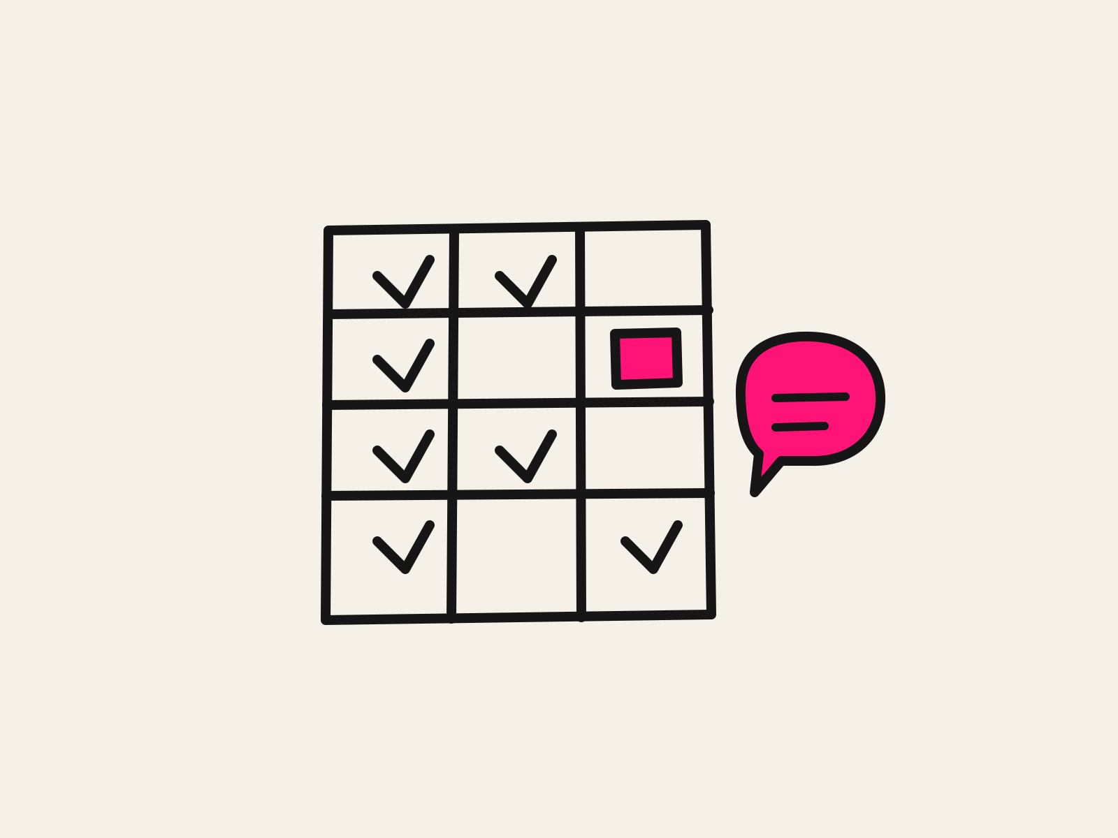 A black line-drawn attendance grid of ticked boxes with one filled pink square, and a pink speech bubble beside it, standing for a text sent to a family after an absence.