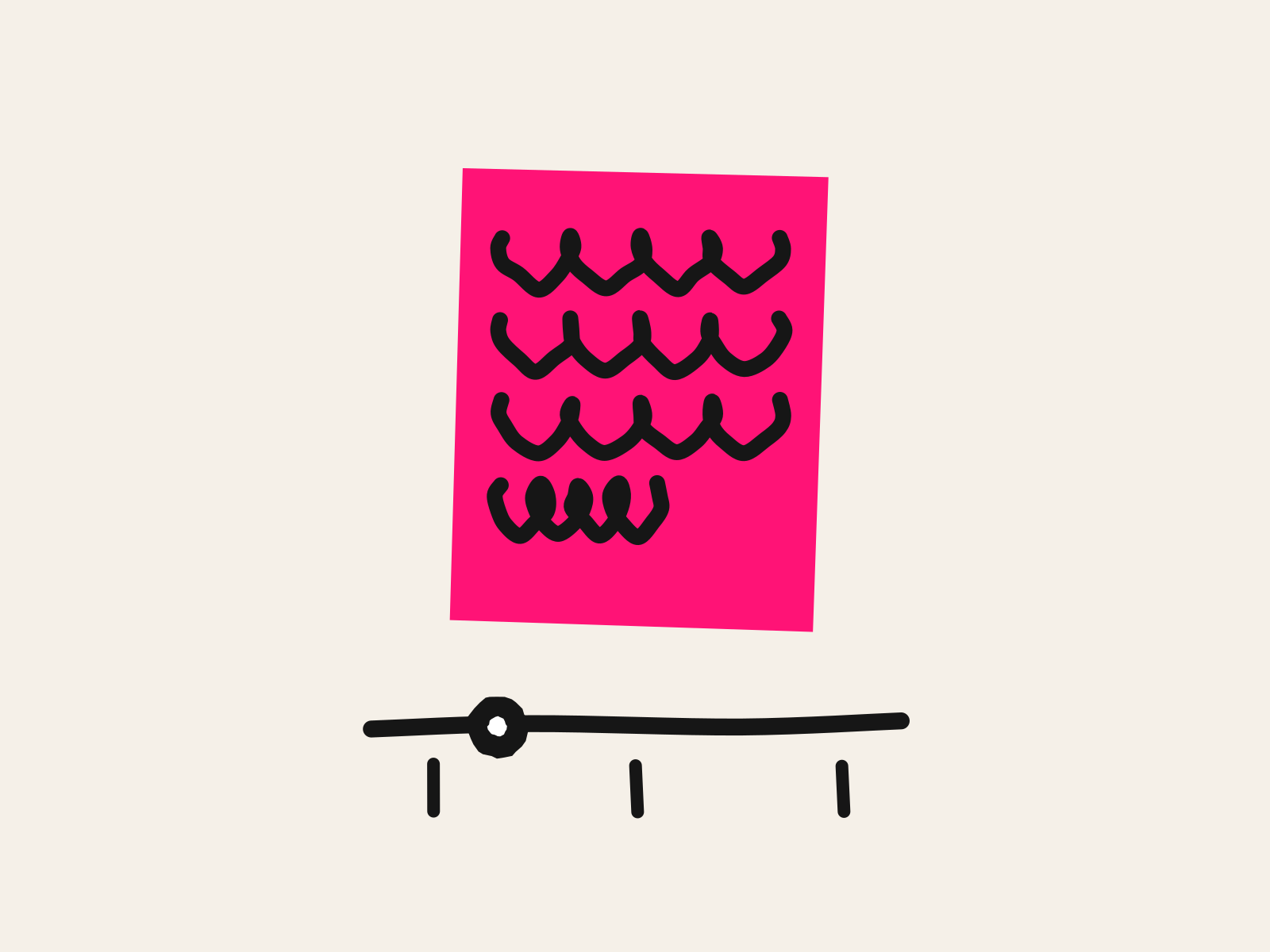 A pink cut-paper worksheet page covered in black scribbled writing sits above a hand-drawn black slider whose knob is set toward the low end of three level marks, standing for the reading-level control that decides which AI worksheet generator fits a class.