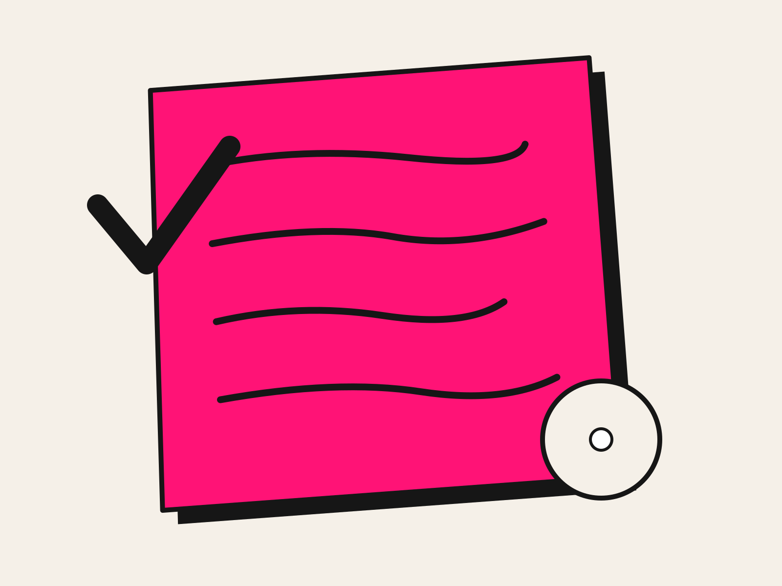 A pink cut-paper sheet with four black hand-drawn scribbled lines sits behind a thick black tick, with a small empty circle beside it, standing for a short list of tools that have passed a check.