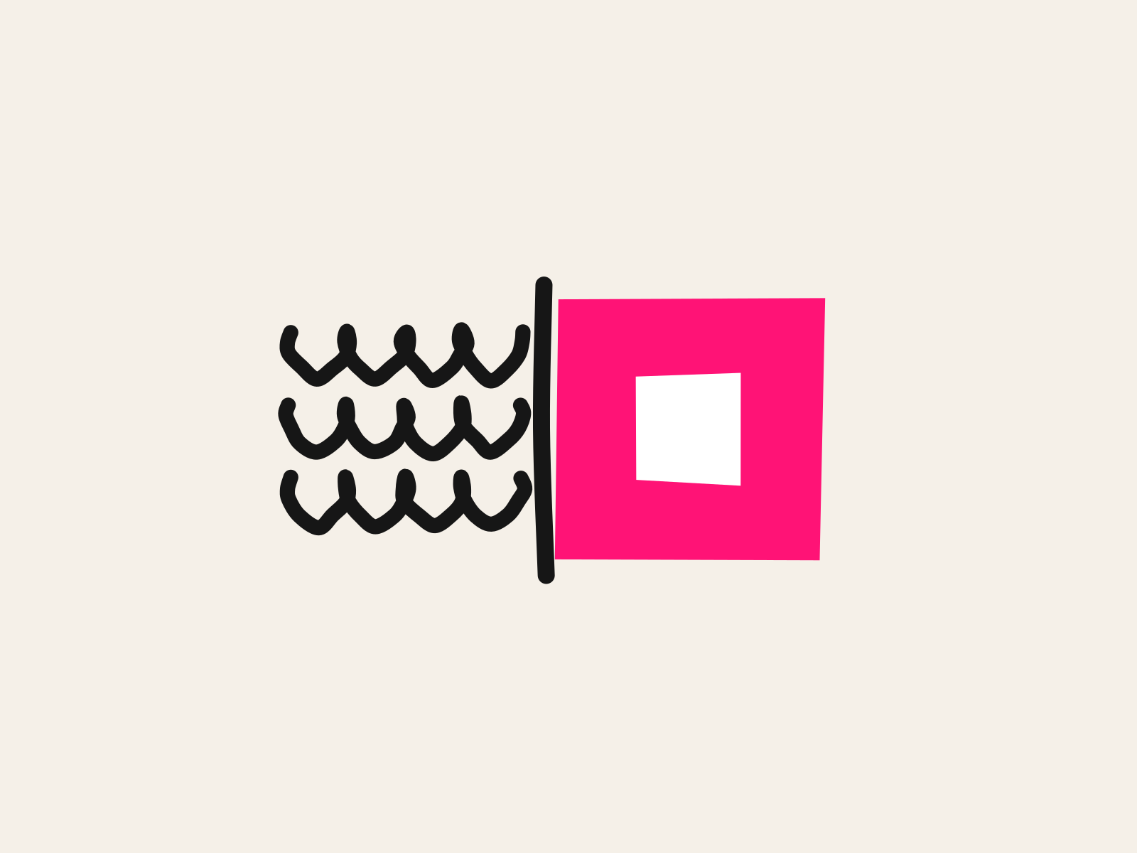 Three lines of black scribbled handwriting run in from the left and stop dead at a thick black rule down the edge of a pink cut-paper card whose center is a blank white picture window, standing for the spoken instruction that does not land and the visual support that carries it instead.