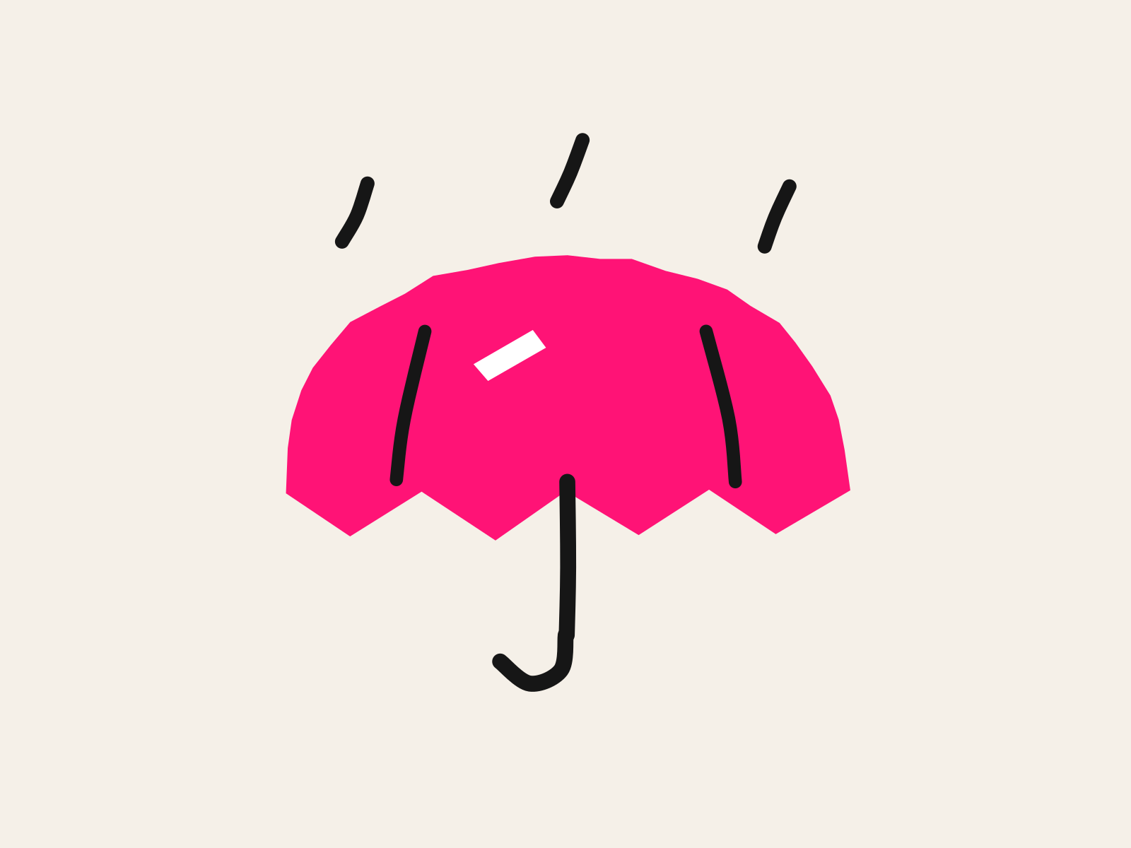 A pink cut-paper umbrella with two black hand-drawn ribs and a hooked black handle stands open under three short black rain strokes, standing for the provision a SENCO holds over a child.