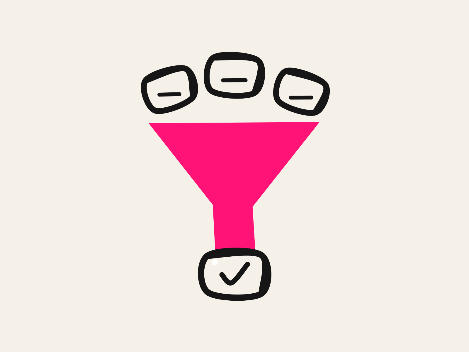 Three black hand-drawn screens tip into the wide mouth of a pink cut-paper funnel while a single screen marked with a black tick comes out of the spout, standing for the vetting a district technology director puts between an AI tool and a classroom.