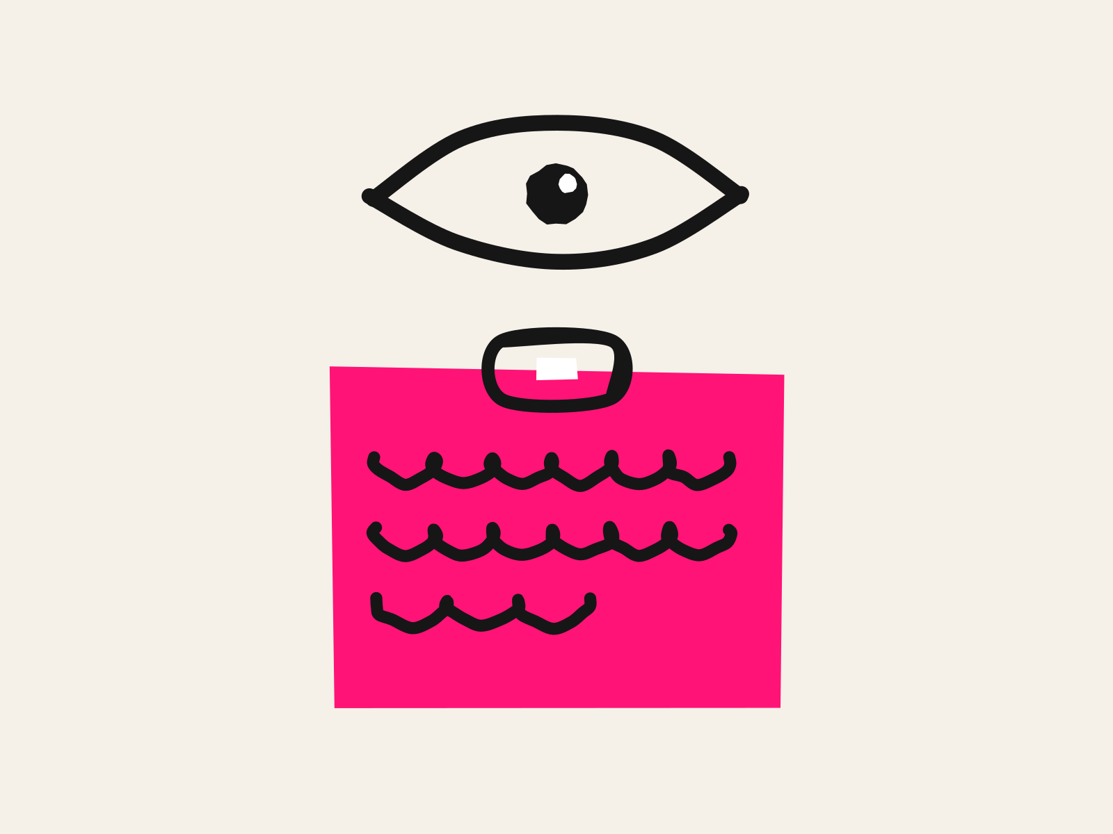 A black hand-drawn open eye watches from above a pink cut-paper clipboard carrying three lines of black scribbled handwriting, standing for the classroom observation and the write-up it has to become.