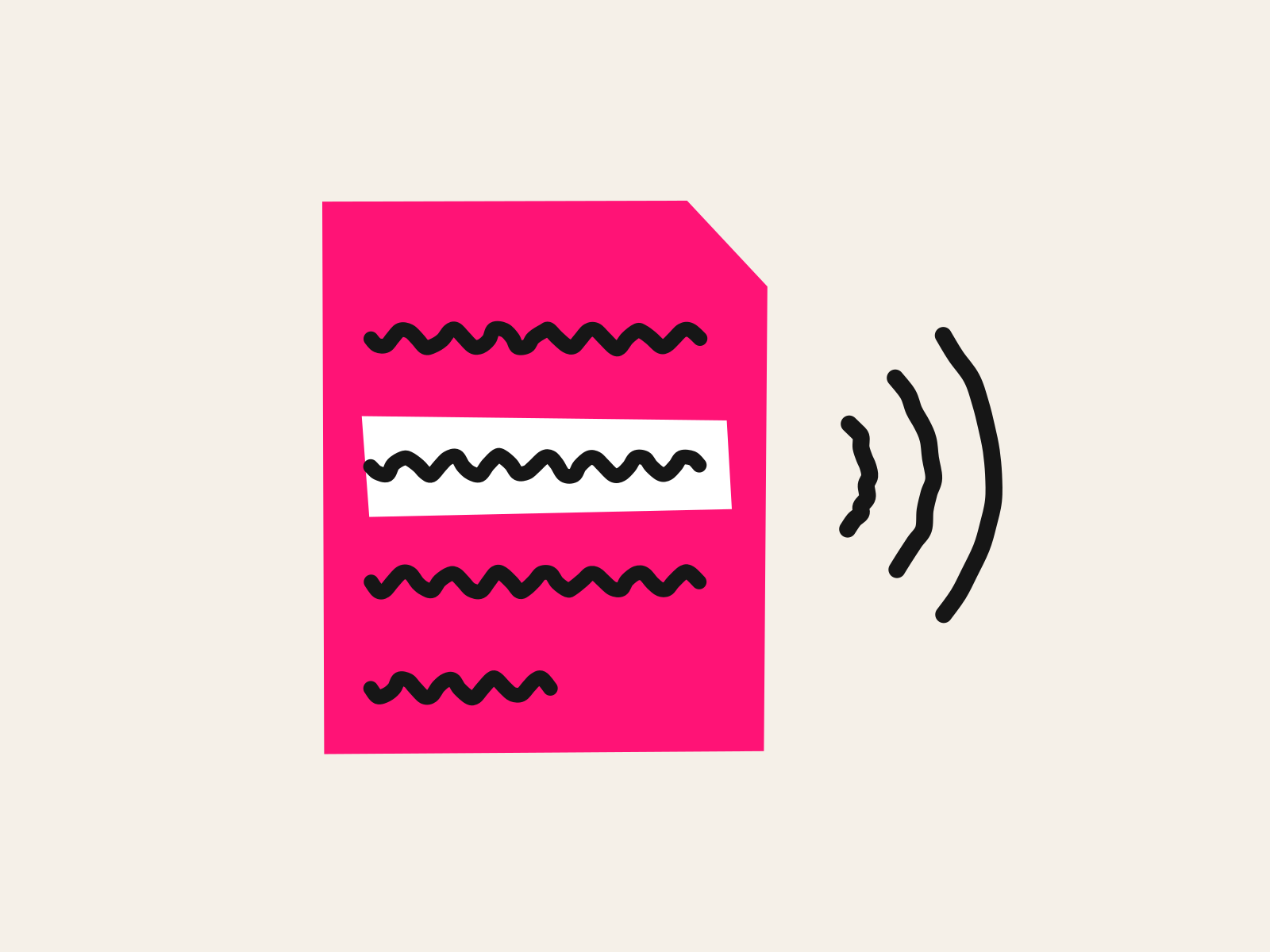 A pink cut-paper page with four lines of black wavy writing, one picked out by a white highlight bar, and three curved black arcs spreading from its right edge, standing for a document that can be read aloud to anyone who needs it.