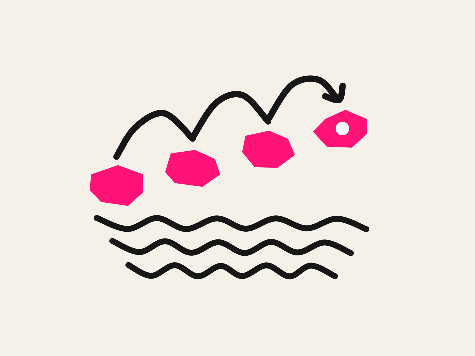 Four pink cut-paper stepping stones cross black hand-drawn wavy water, a thick black arc hopping from stone to stone with the last stone marked by a white dot, standing for a task crossed one step at a time.