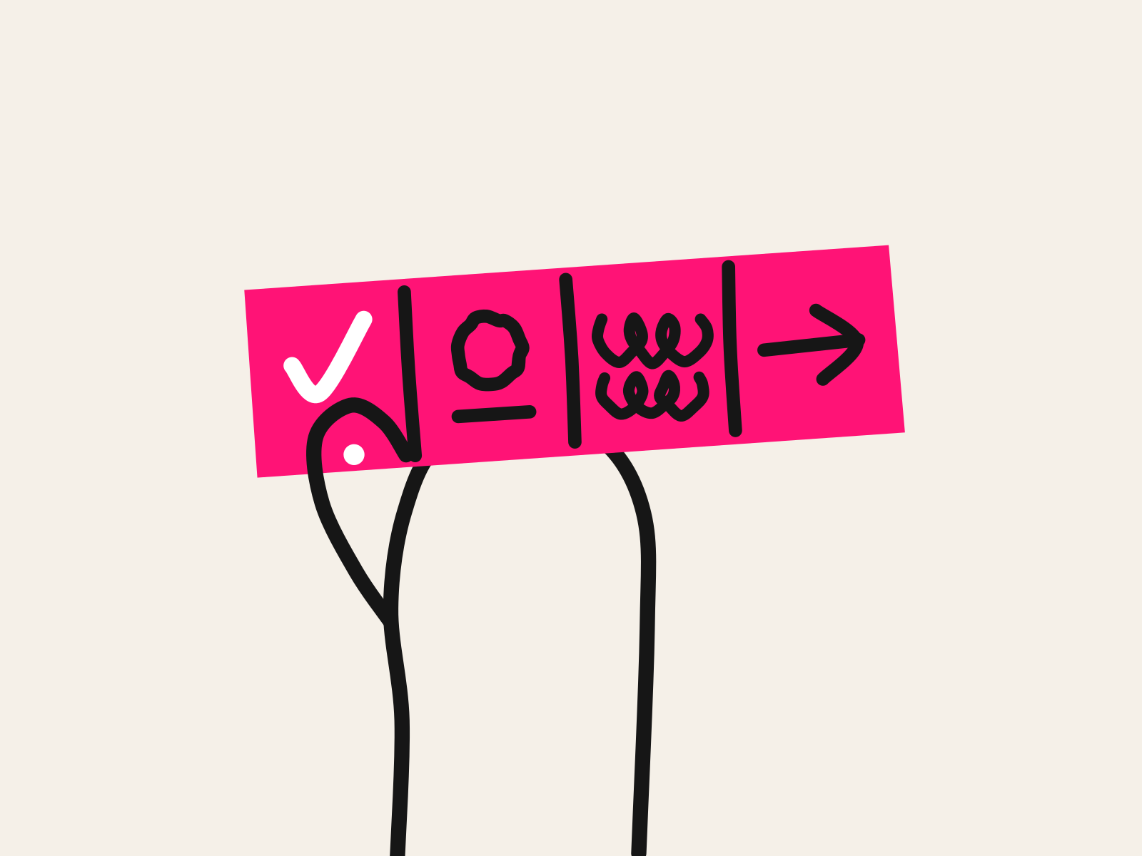 A black line-drawn hand holding up a pink cut-paper visual schedule strip of four cards, a white tick in the first, standing for the paraprofessional who makes and holds the supports a student works from.