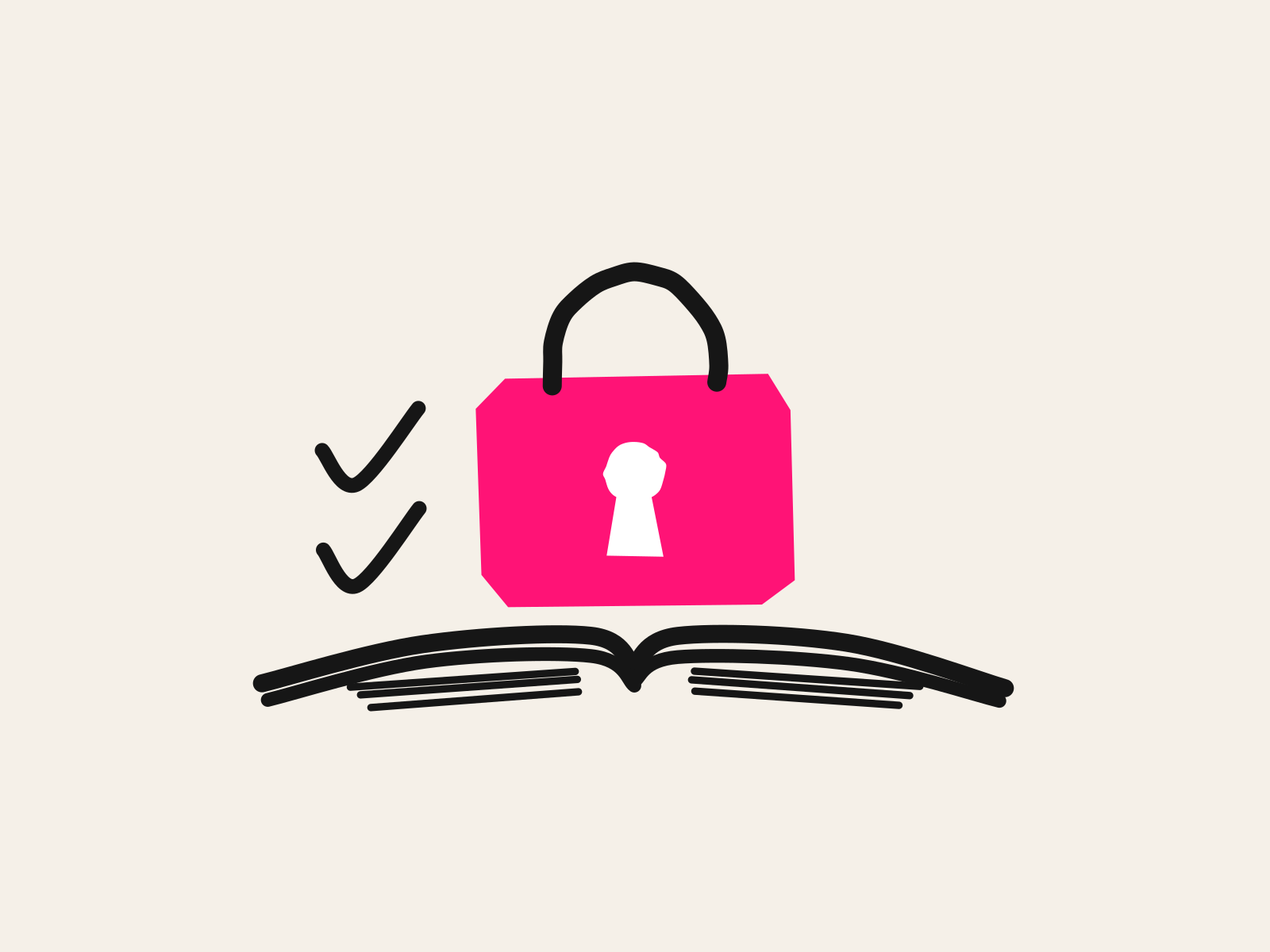 A pink cut-paper padlock with a white keyhole rests on a black hand-drawn open ledger with two check marks beside it, standing for the data checks a school business manager makes before signing off a purchase.