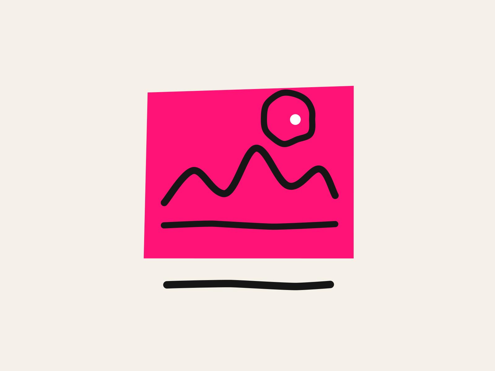 A pink cut-paper picture card carrying a black hand-drawn hill ridge and a sun with a small white center, with a thick black hand-drawn line beneath it left completely blank, standing for the lesson image AI will draw and the credit line nobody can sign.