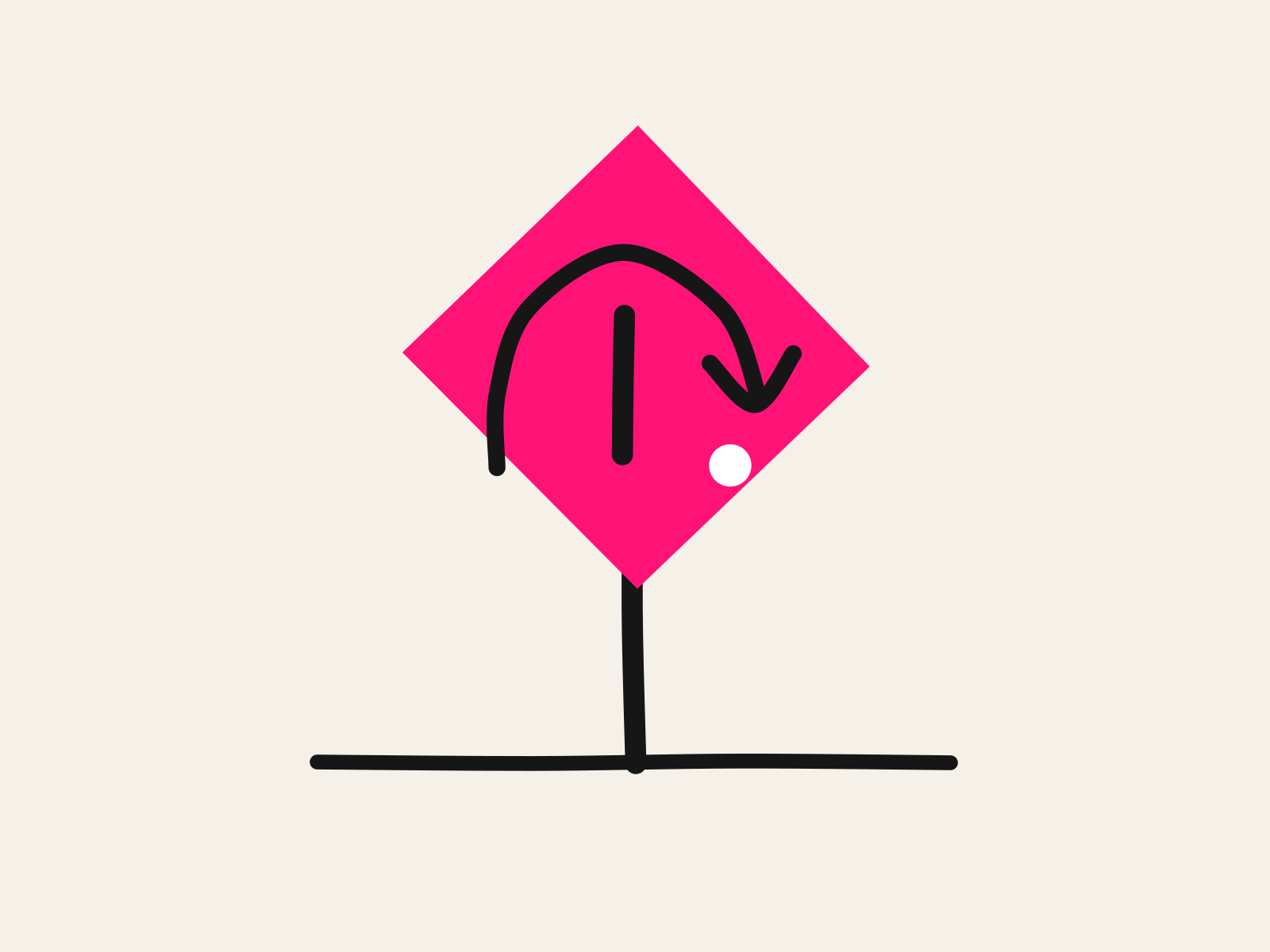 A pink cut-paper diamond road sign on a thick black hand-drawn post, a black curved arrow arcing over a short black wall inside it toward a small white dot, standing for steering a behavior toward a replacement instead of blocking it.