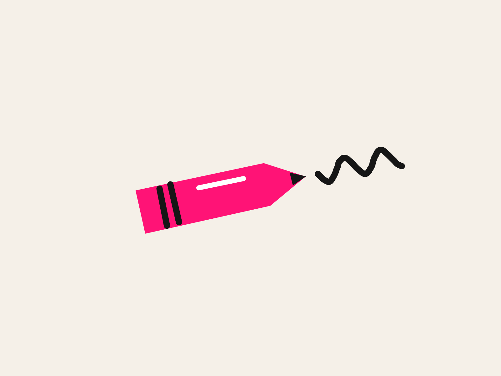 A pink cut-paper pencil with two black bands and a white highlight, a wobbly black hand-drawn line wandering away from its tip, standing for handwriting that will not run steady even when the ideas are clear.