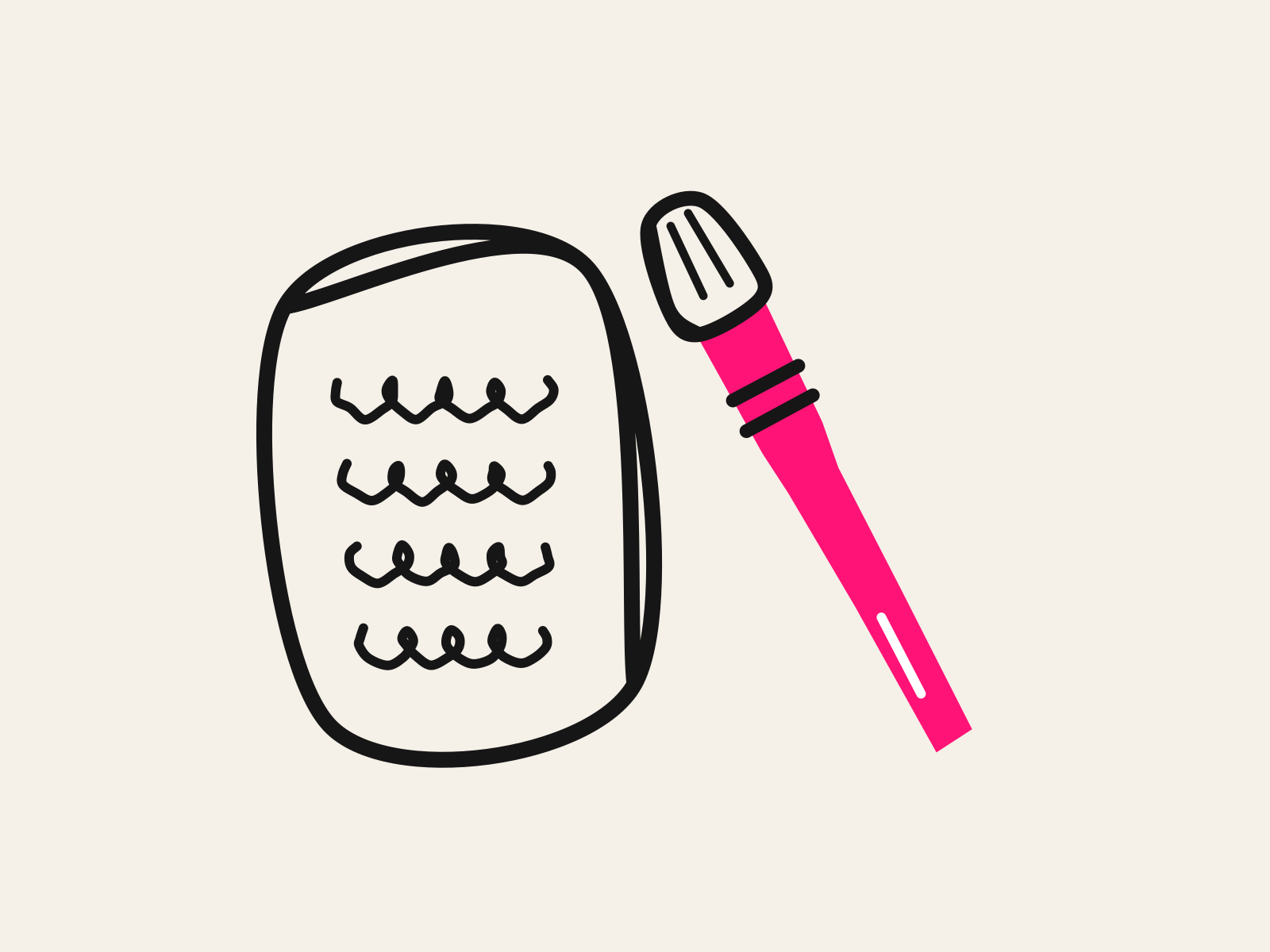 A pink cut-paper paintbrush with a black outlined bristle head stands beside a black hand-drawn sheet of paper filled with four lines of scribbled writing, standing for the paperwork AI can take off an art teacher and the making it should leave alone.