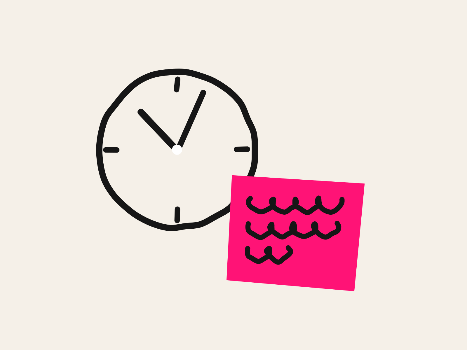 A hand-drawn black clock face beside a pink cut-paper sticky note carrying just three short scribbled lines, the last one trailing off, standing for the thin set of instructions a substitute teacher is left against the length of the day.