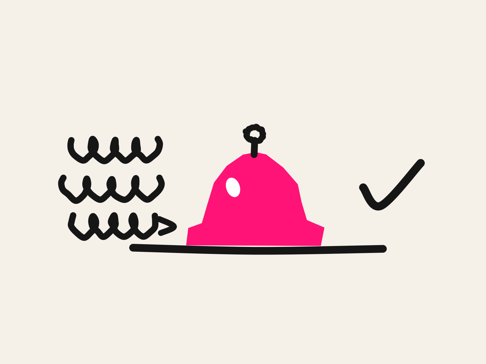 A pink cut-paper front-desk service bell stands on a hand-drawn black counter line, with three scribbled lines of writing arriving from the left and a single black tick leaving to the right, standing for the school office as the desk every request lands on and the one answer that leaves it settled.