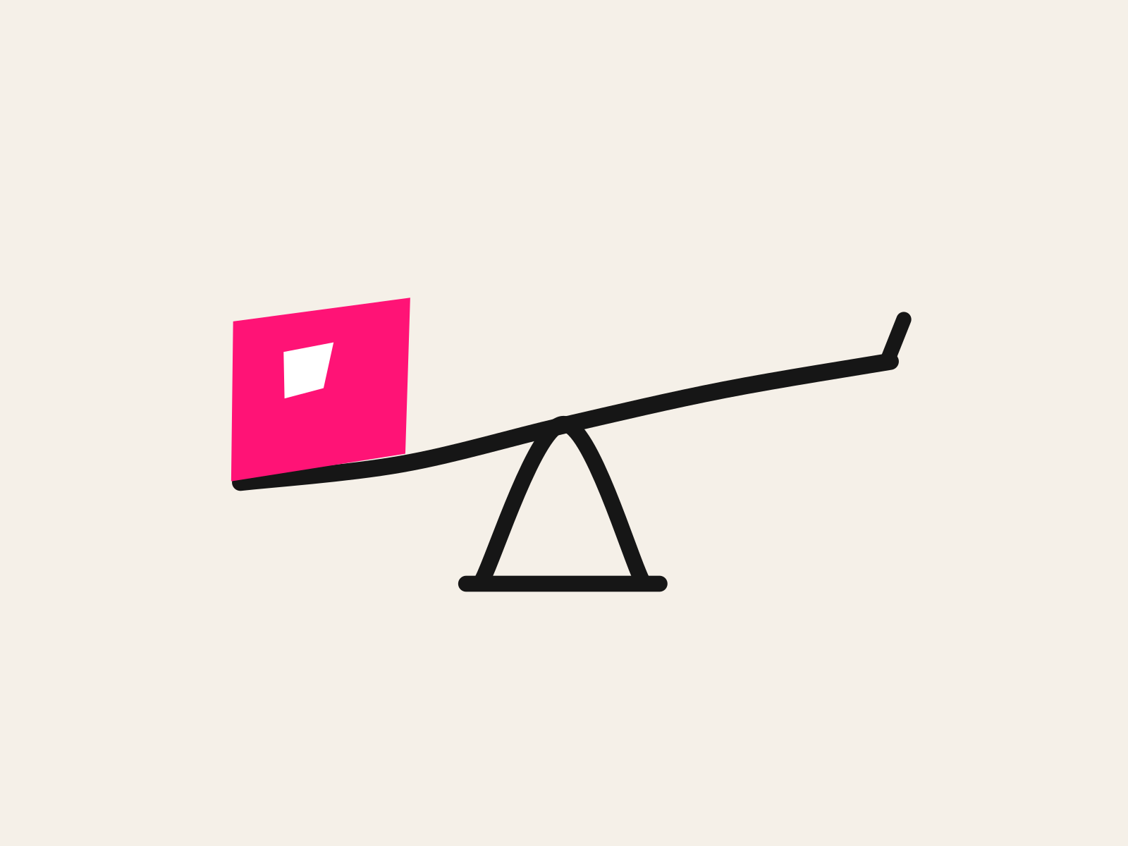 A pink cut-paper block weighs down one arm of a black hand-drawn balance beam resting on a triangular fulcrum, the other arm empty and tipped up, standing for a Title I school weighing a tool against a budget with nothing on the other side.