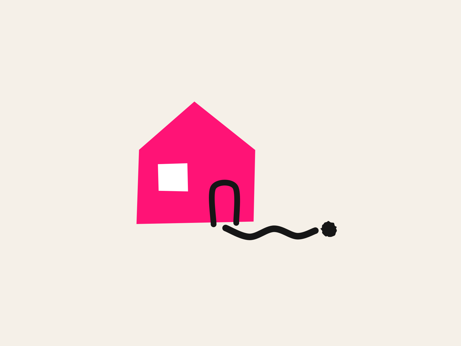 A pink cut-paper house with one white window and a black hand-drawn door, with a thick black path curving away from the door to a single dot, standing for the route between a family's home and the school that a school social worker keeps open.