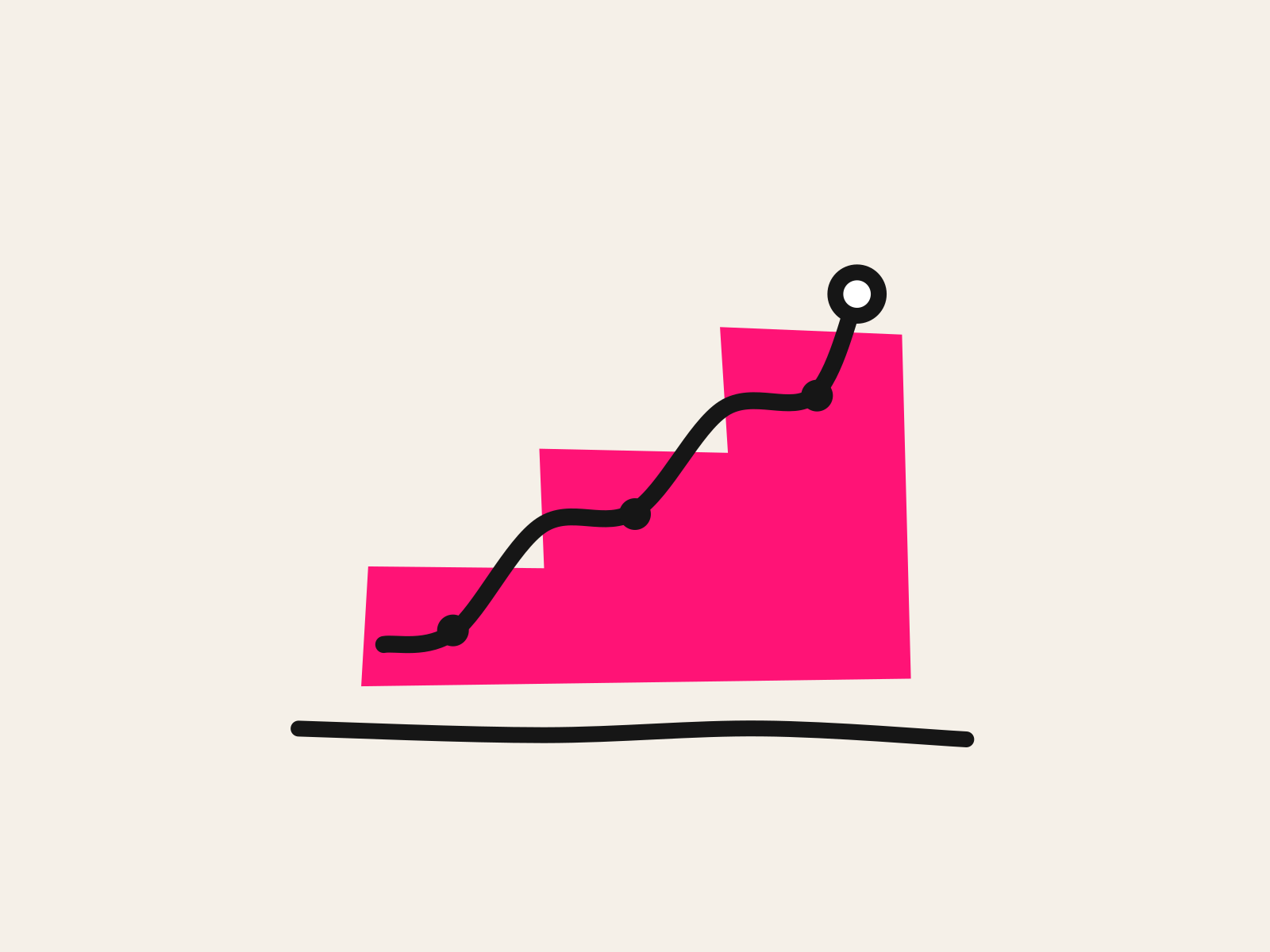 A pink cut-paper staircase of three rising steps with a hand-drawn black progress line climbing it, three filled black data points already recorded and the newest reading left as an open white-centered ring, standing for intervention data that rises while the tier decision stays open to the teacher.