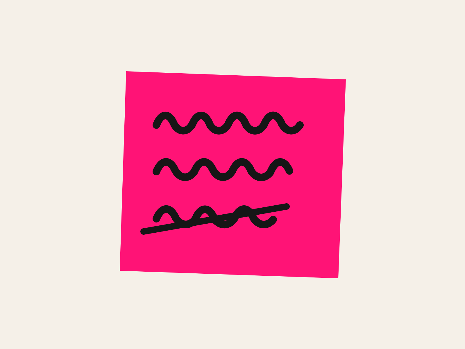 A pink cut-paper sheet carrying three hand-drawn lines of writing, the last one struck through with a thick black stroke, standing for the improvement plan's real work of choosing what to drop.