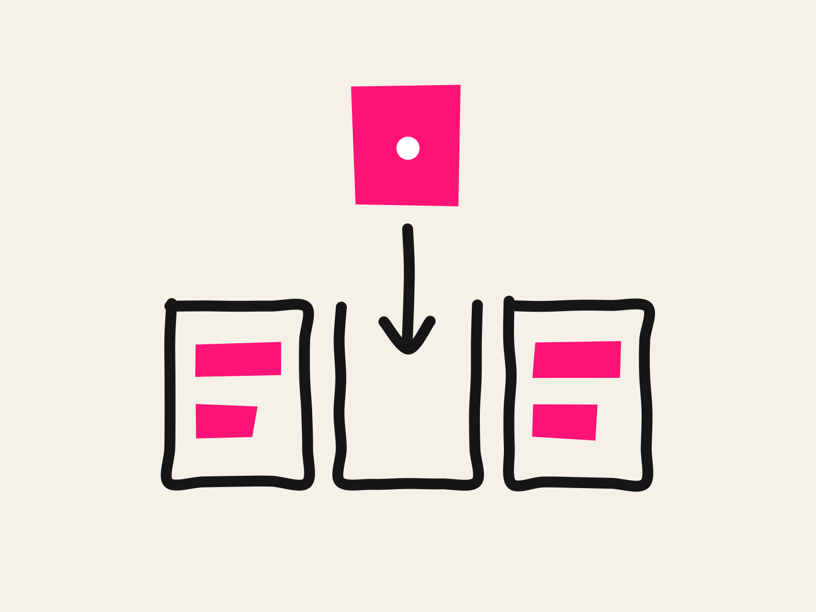A pink cut-paper block hovering above an empty black line-drawn slot between two filled slots, a black arrow pointing down into the gap, standing for the one period that has to be placed in a master schedule.