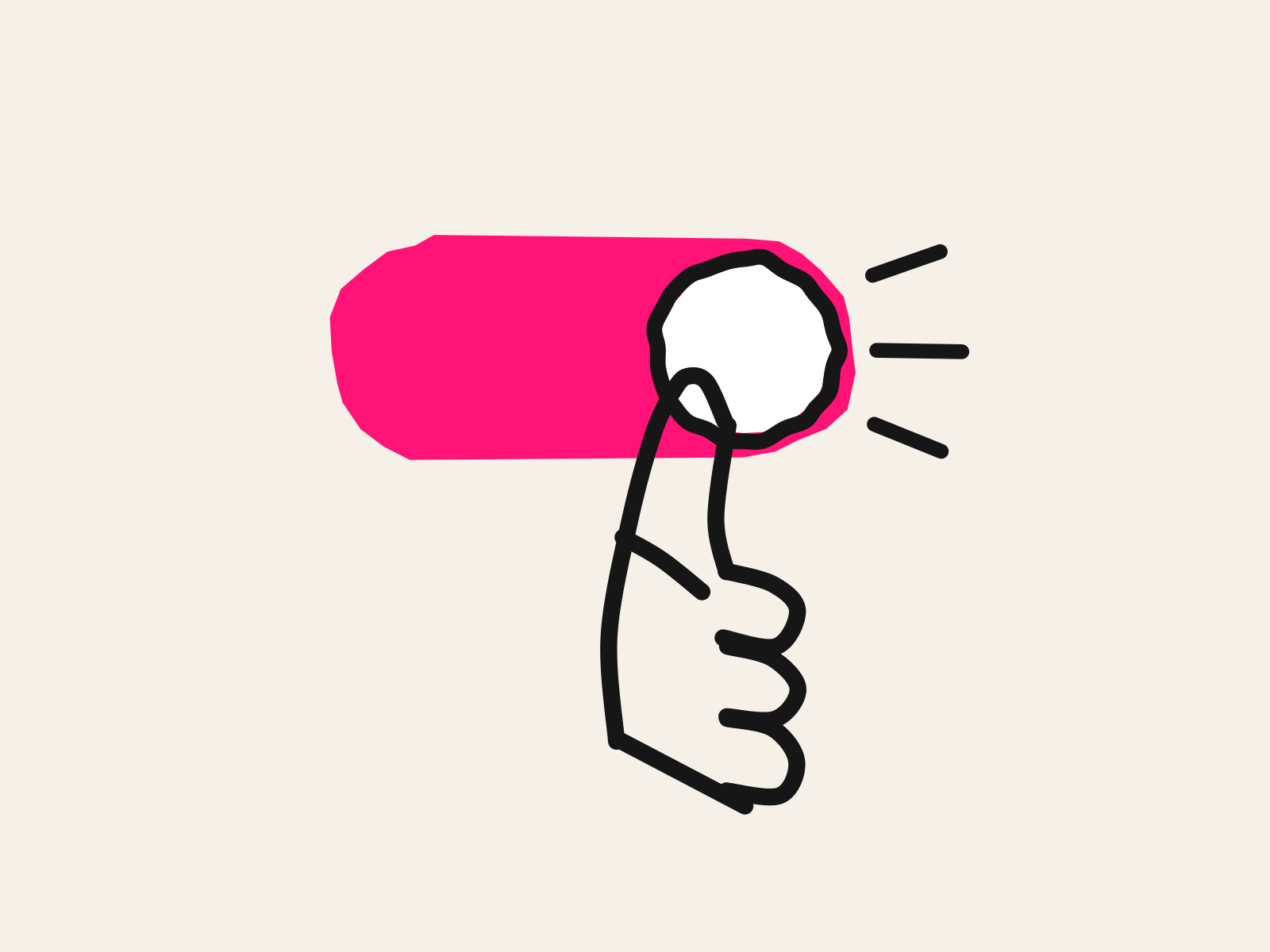 A black line-drawn hand pushing the white knob of a pink cut-paper toggle switch into the on position, standing for a district switching on the AI platform it has approved.
