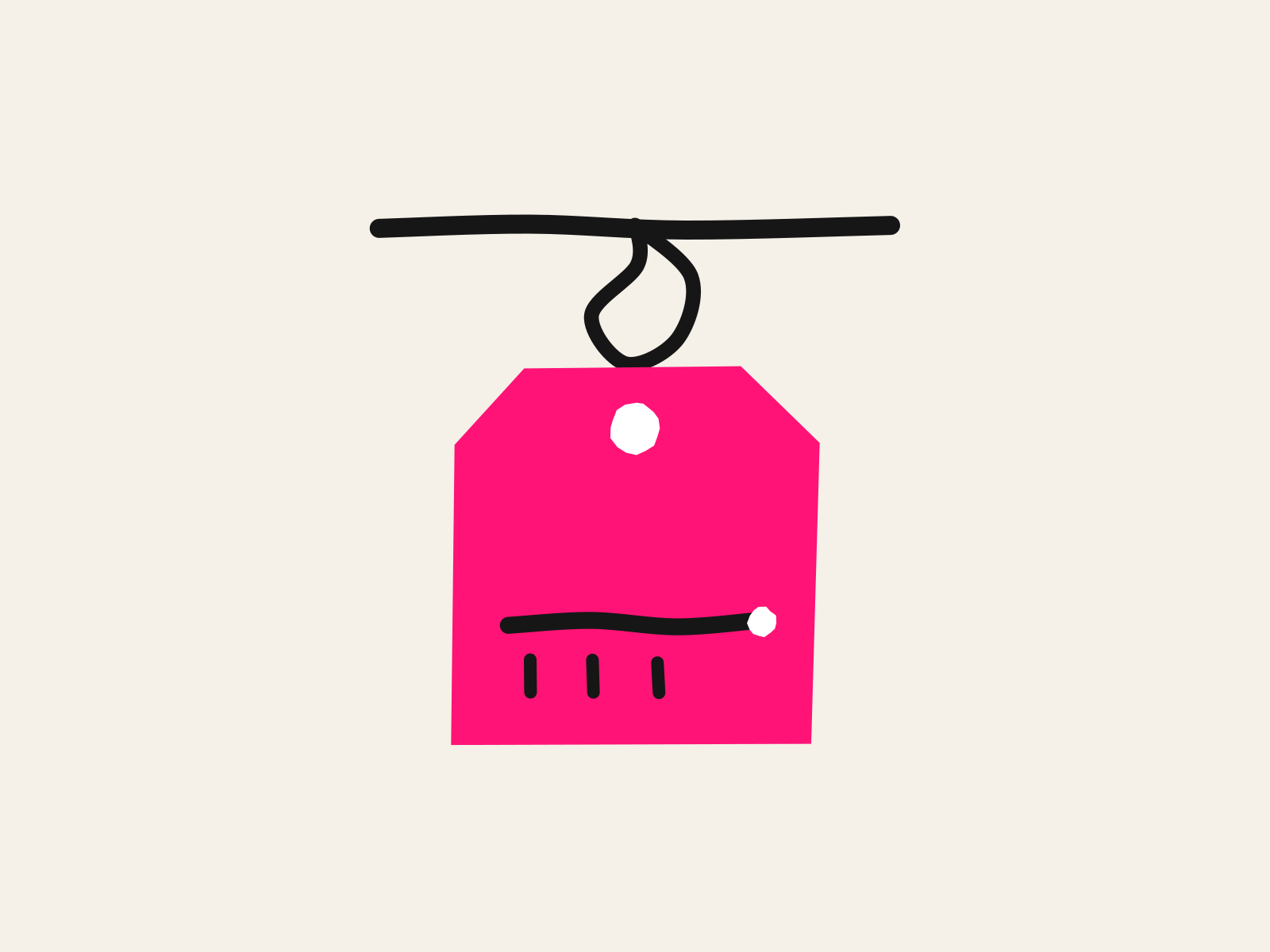 A pink cut-paper price tag hangs from a black hand-drawn bar by a looped string, with a thick black line drawn across its lower third ending in a white dot and three short ticks beneath it, standing for a free plan and the cap it runs into.