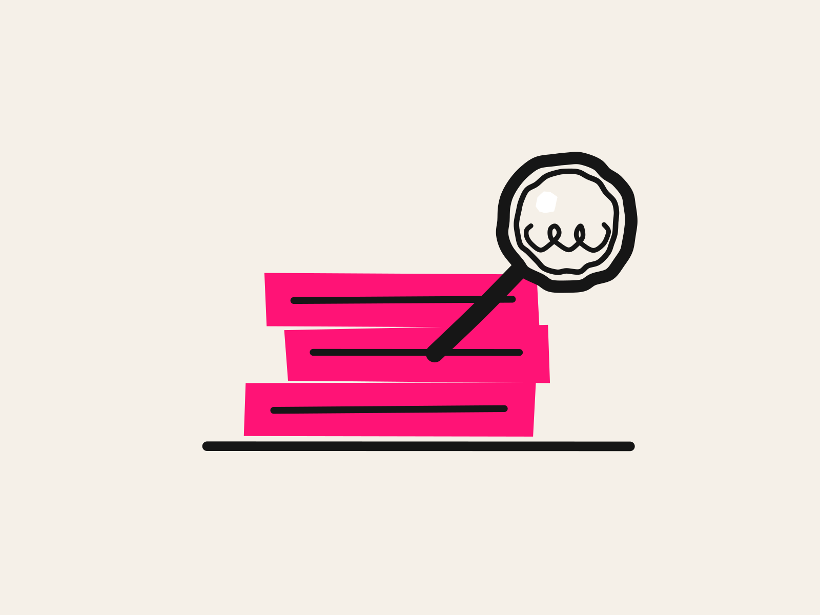 A pink cut-paper stack of three books with a hand-drawn black magnifying glass resting against it, standing for the school librarian checking every AI answer against its source.