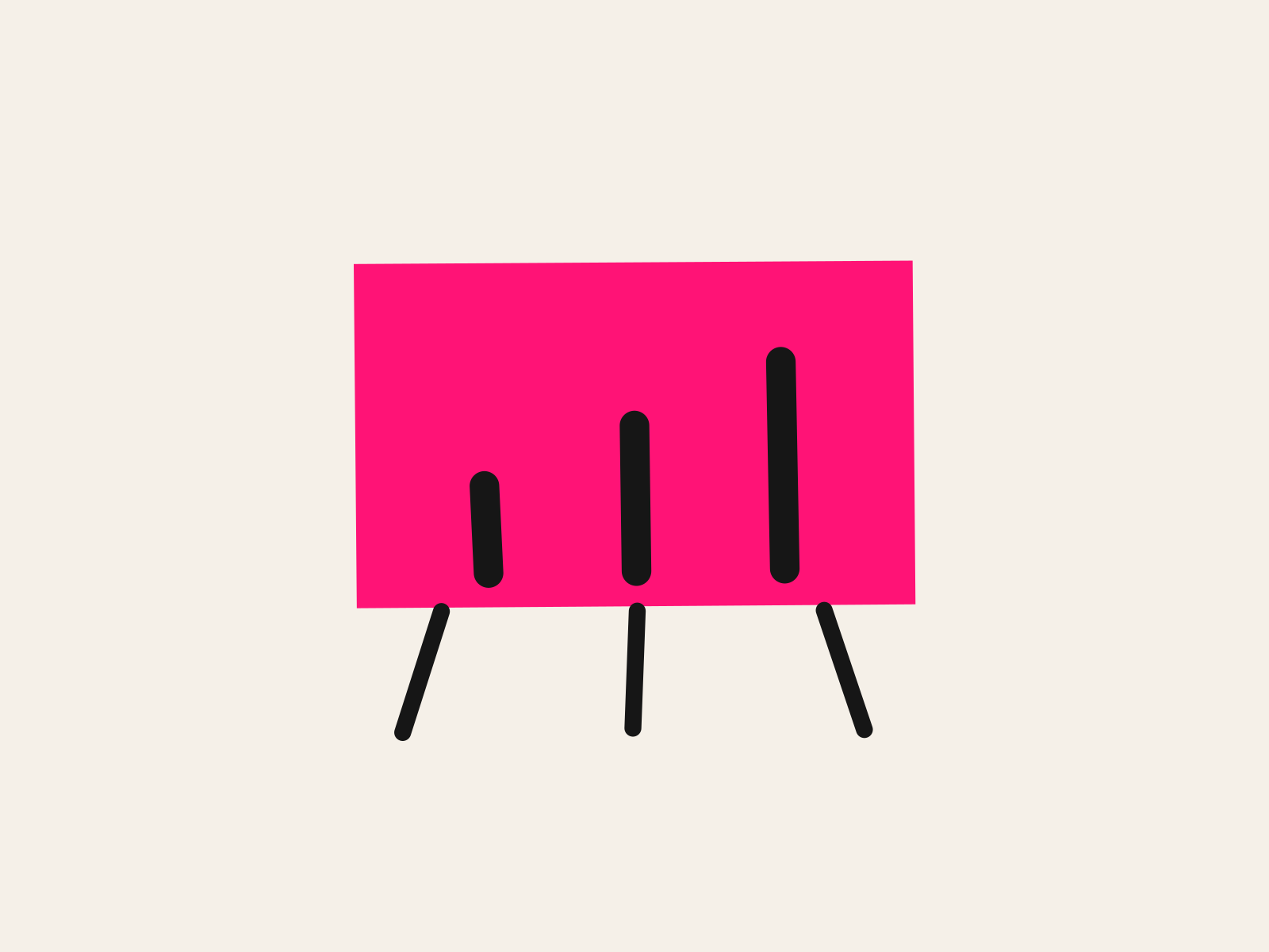 A pink presentation screen on black easel legs showing a bar chart, on a cream background
