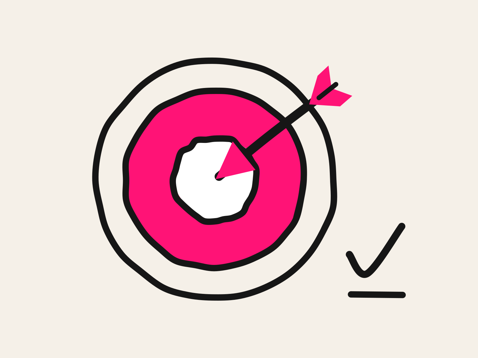 A pink cut-paper arrow lands in the white center of a pink bullseye ringed by wobbly black hand-drawn circles, with a black tick beside it, standing for a lesson that actually hits the standard it names.