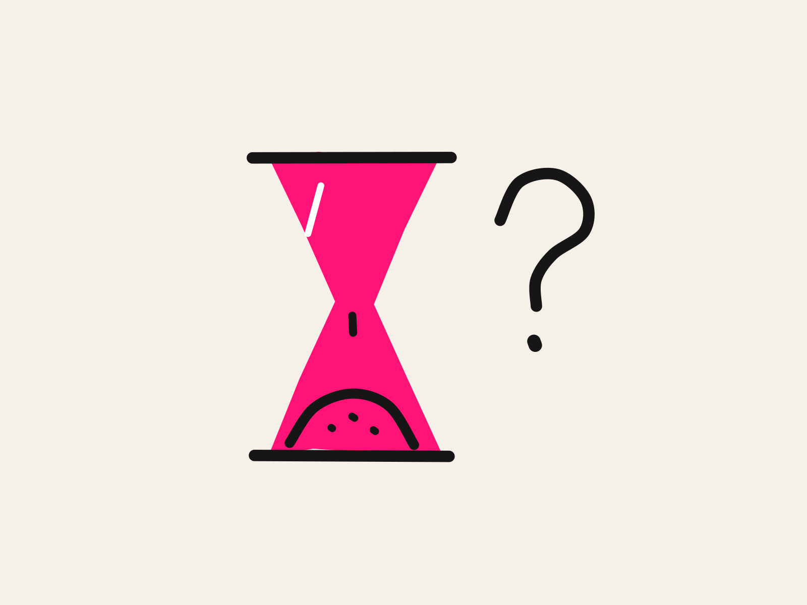 A pink cut-paper hourglass with all its sand already settled in the lower bulb and a large hand-drawn black question mark beside it, standing for the gifted student who finished early and is waiting for a harder question.