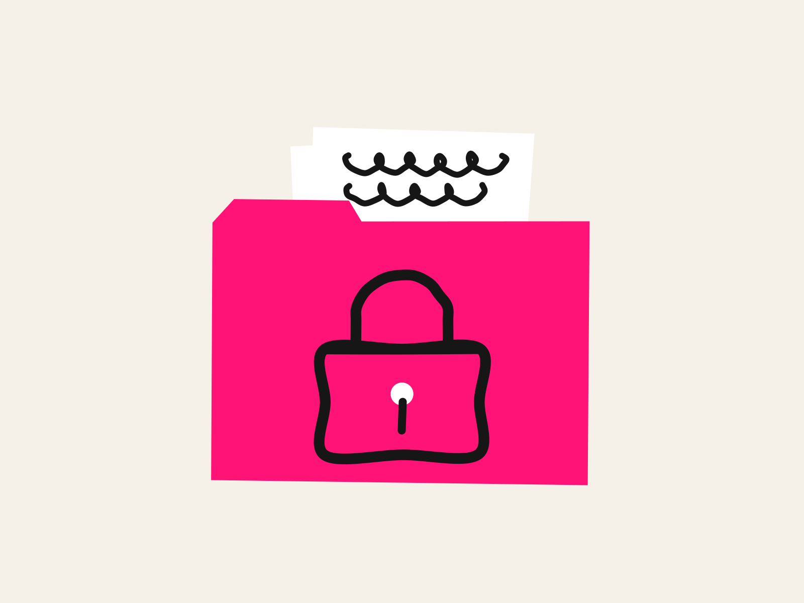 A pink cut-paper file folder with two white pages of black scribbled notes peeking out of the top and a hand-drawn black padlock on its front, standing for the counselor's confidential student records that AI tools must never be handed.