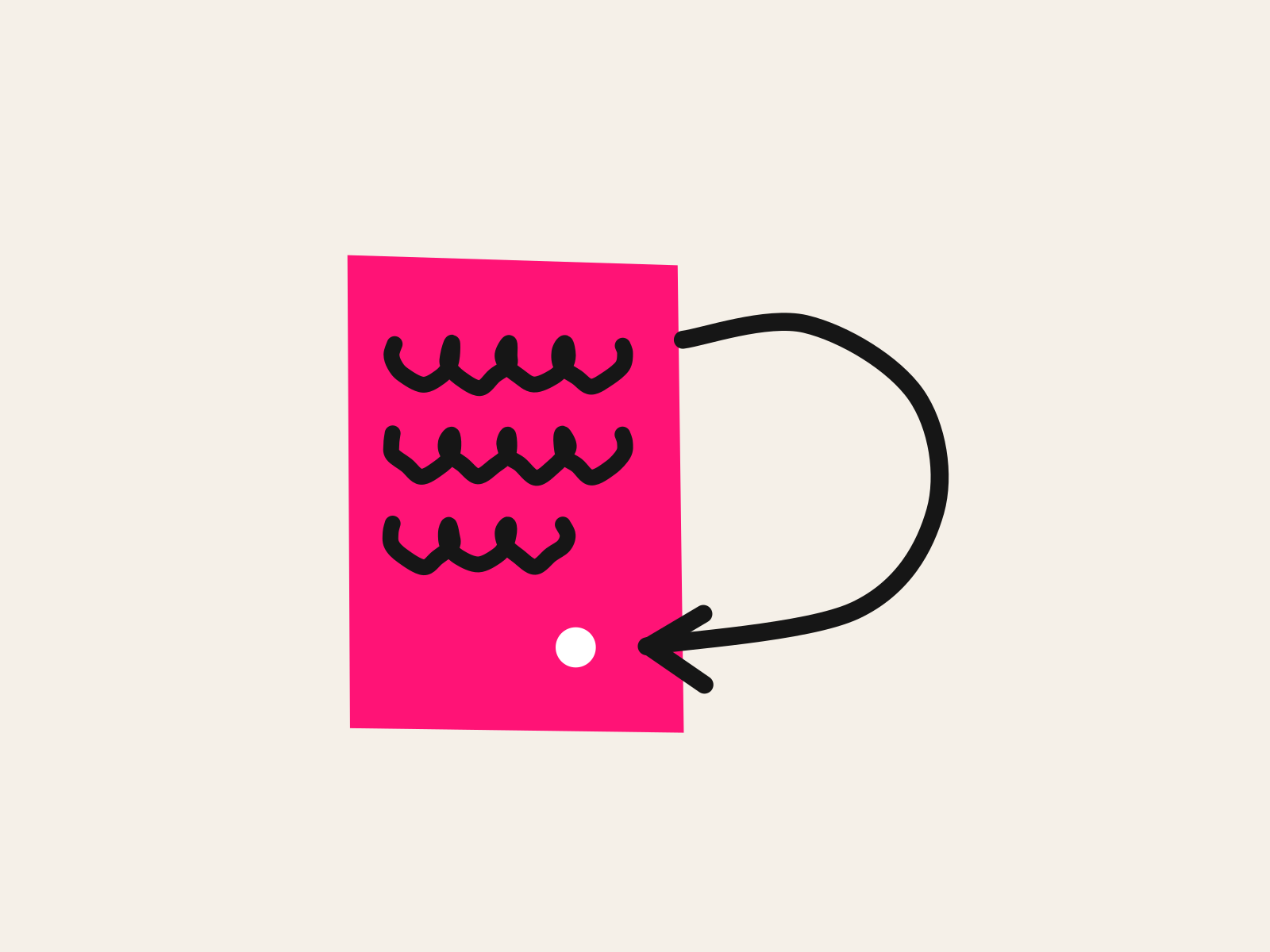 A pink cut-paper page of student work carrying three lines of black scribbled writing, with a thick black hand-drawn arrow looping out from its right edge and curving back onto the page to land on a small white mark, standing for the grade that only some Google Classroom integrations send back.