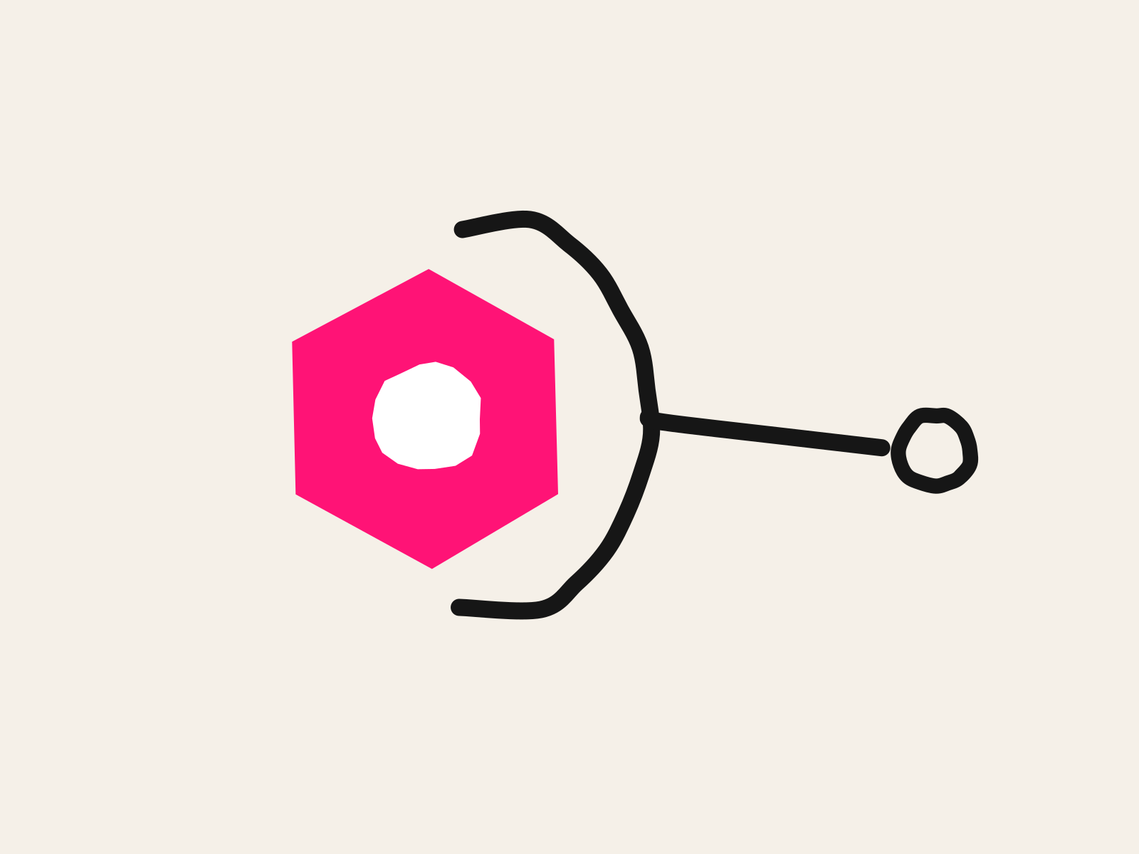 A pink cut-paper hexagonal nut with a white center, held in the cup of a thick black hand-drawn spanner, standing for fitting the right tool to a specific job.