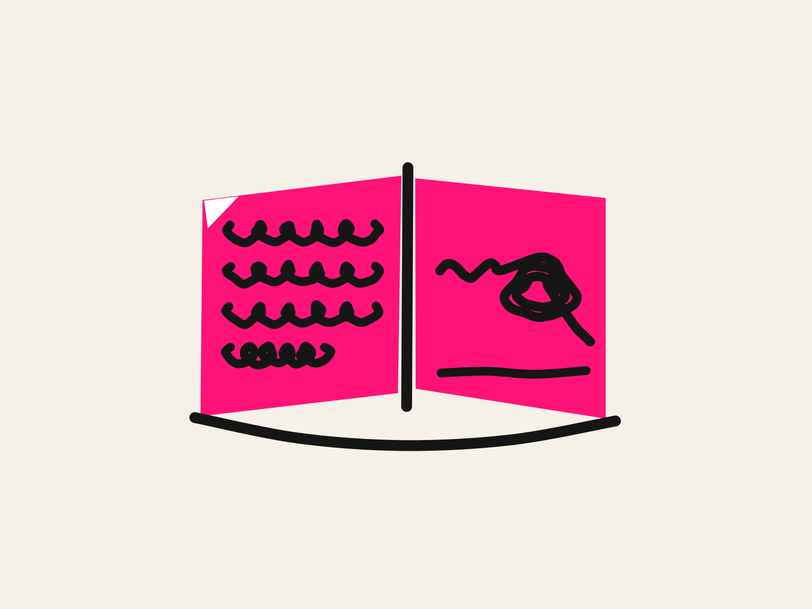 A pink cut-paper open book whose left page carries neat black handwriting lines and whose right page shows one line tangled into a knot before running smooth again, standing for dyslexia and the tools that untangle reading without doing the thinking.