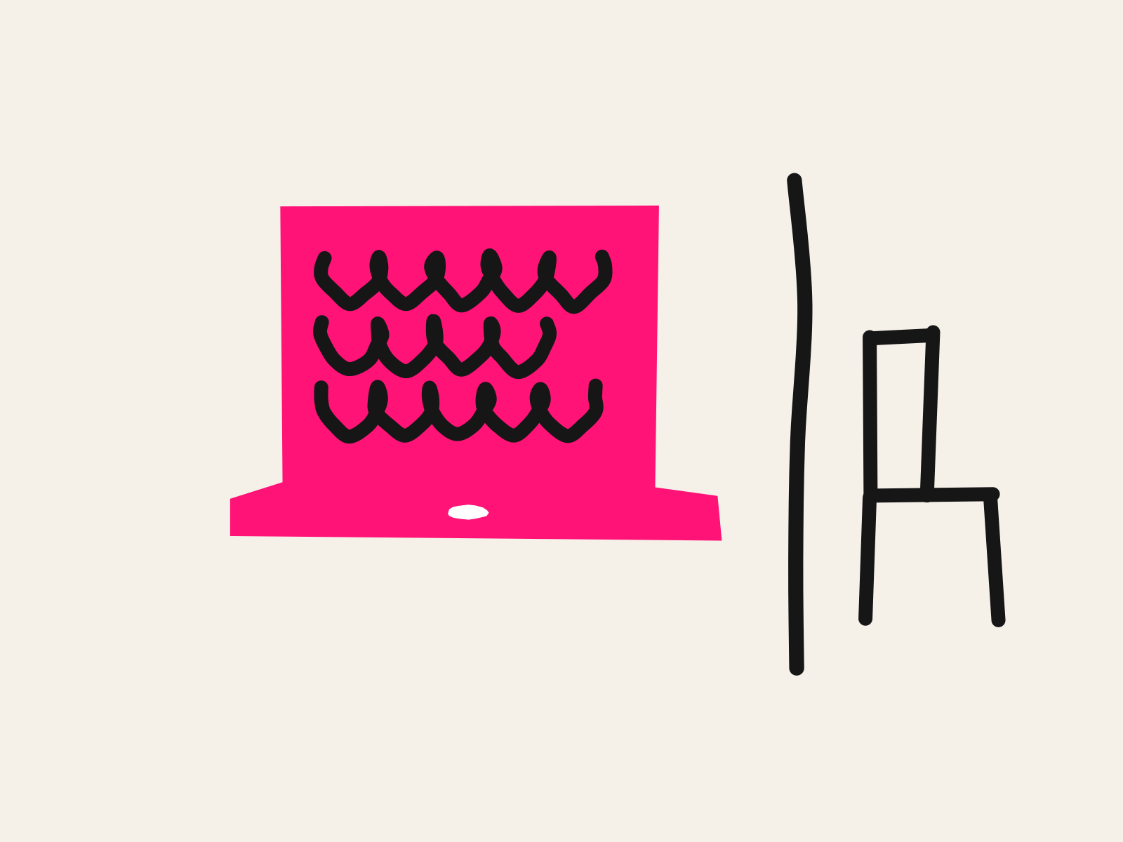 A pink cut-paper laptop filled with black scribbled lines of the teacher's own work, a hand-drawn black line beside it, and an empty line-drawn student chair on the far side, standing for AI tools a teacher uses while students stay out of them.
