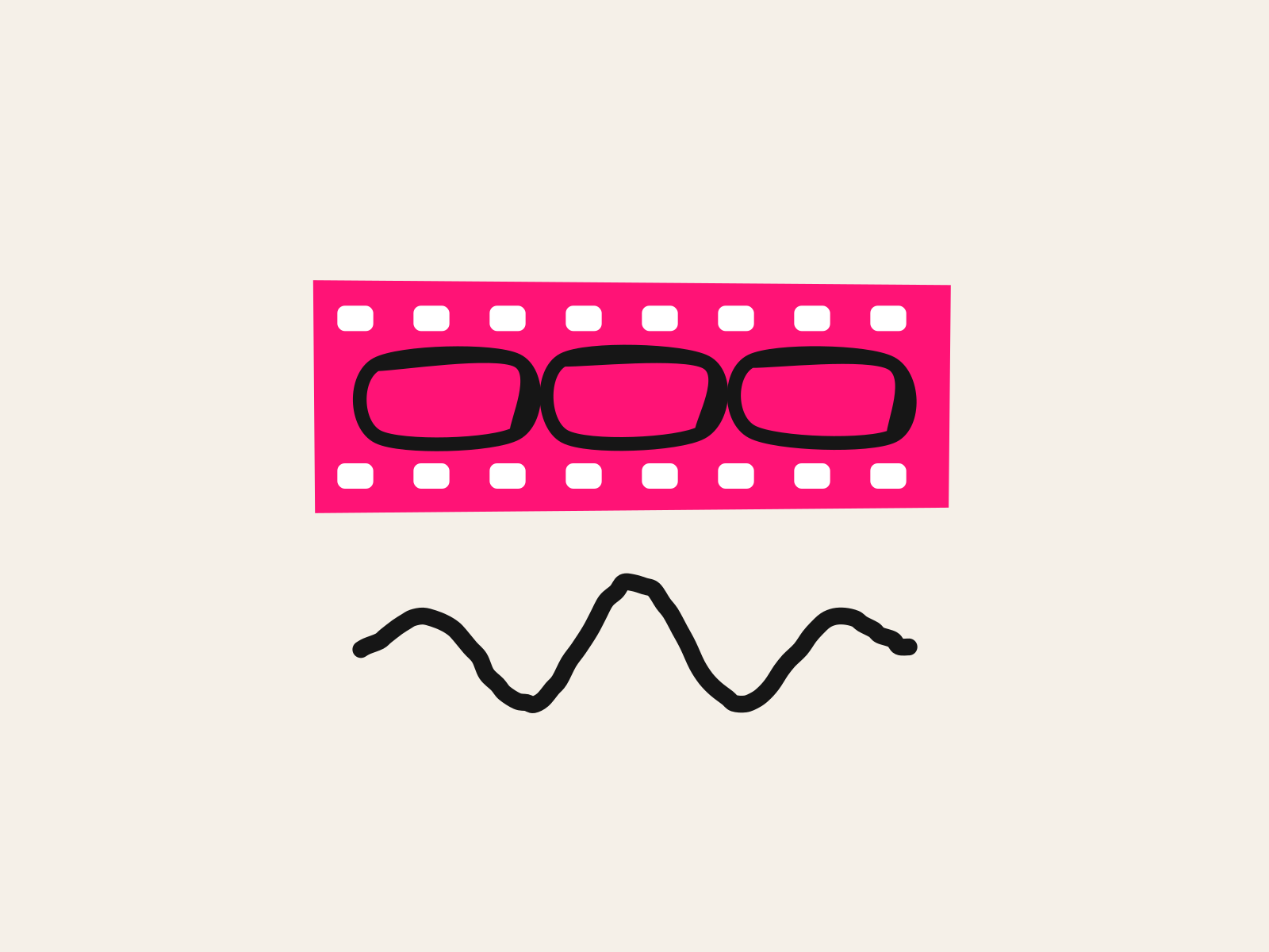 A pink cut-paper strip of film with three empty black hand-drawn frames on it and its sprocket holes punched white, above a thick black hand-drawn sound wave, standing for the lesson video a teacher records and narrates themselves and the frames deliberately empty of students.