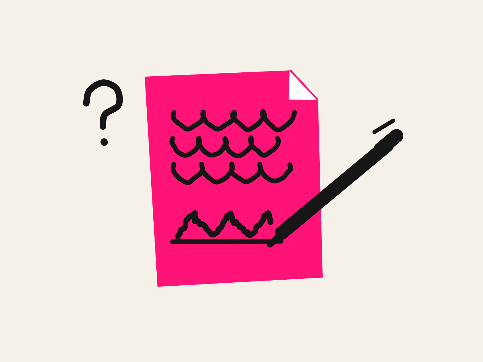 A pink cut-paper contract with black scribbled lines and a hand-drawn signature, a black pen finishing the signature and a black question mark hovering beside it, standing for the superintendent signing a district AI contract with the least evidence in the room.