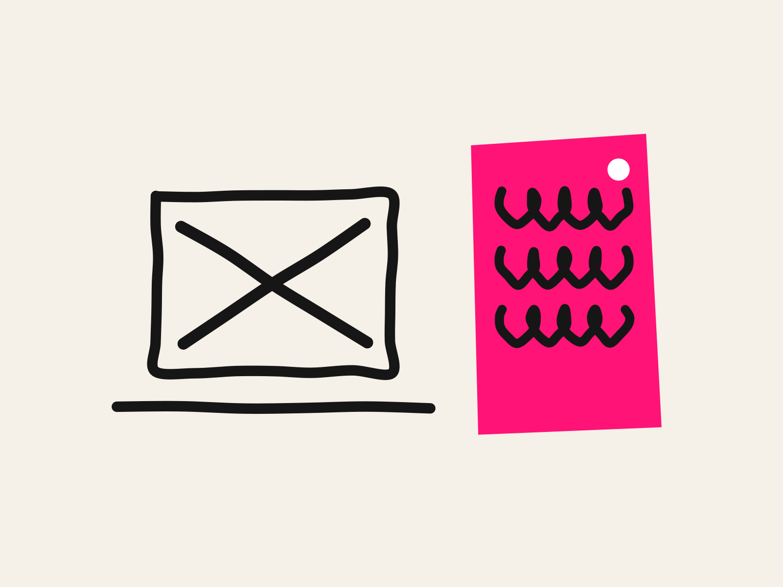 A black hand-drawn screen crossed out with a thick X beside a pink cut-paper printed page covered in black scribbled lines, standing for a lesson that reaches students on paper instead of on a screen.