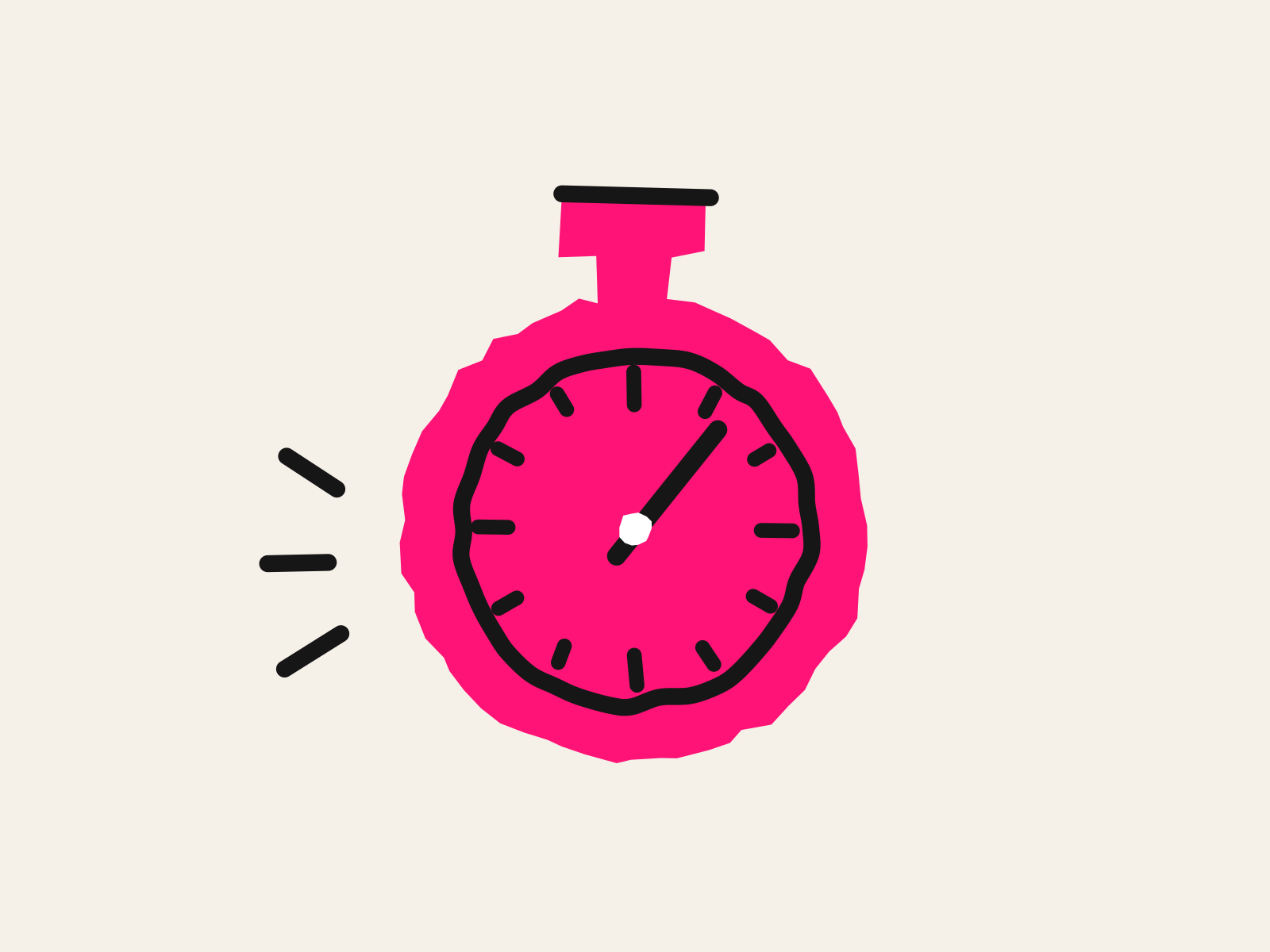 A pink cut-paper stopwatch with a hand-drawn black dial, tick marks and hand, and three black motion strokes beside it, standing for the one thing an instructional coach still measures by hand.