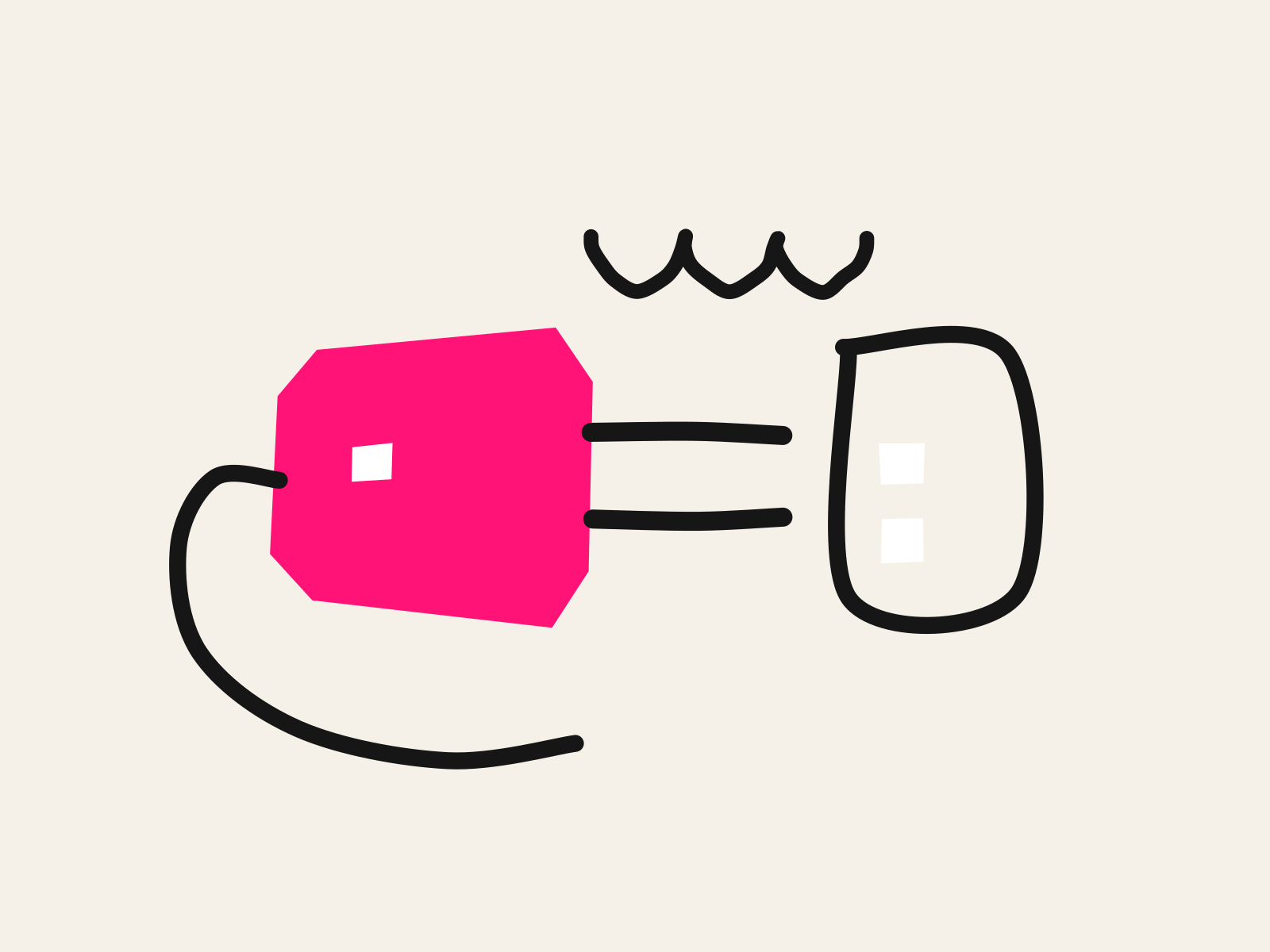 A pink cut-paper plug with a white dot and a looping black cable, its two black prongs reaching toward a hand-drawn socket, with a black scribble line above, standing for connecting AI tools to a Microsoft 365 school.