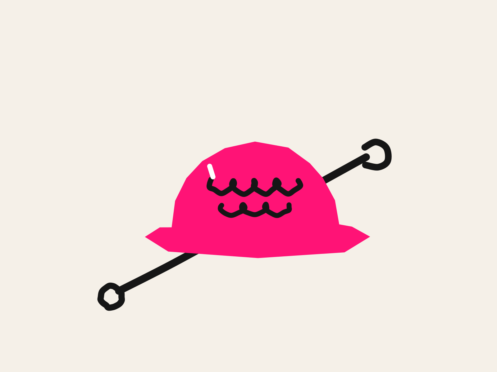 A pink cut-paper hard hat with two lines of black scribbled writing across it and a hand-drawn black wrench passing behind it, standing for AI tools borrowed from academic classrooms into a trade pathway.