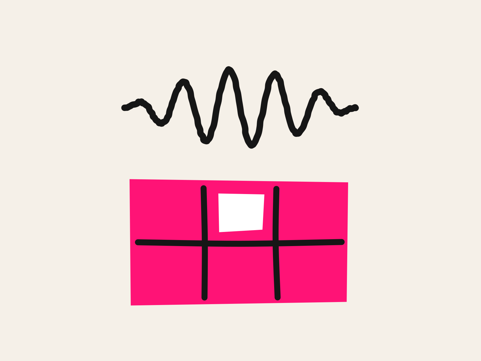 A hand-drawn black sound wave arcing above a pink cut-paper communication board with one white tile picked out, standing for the spoken work of a speech-language pathologist sitting above the materials AI can help build.