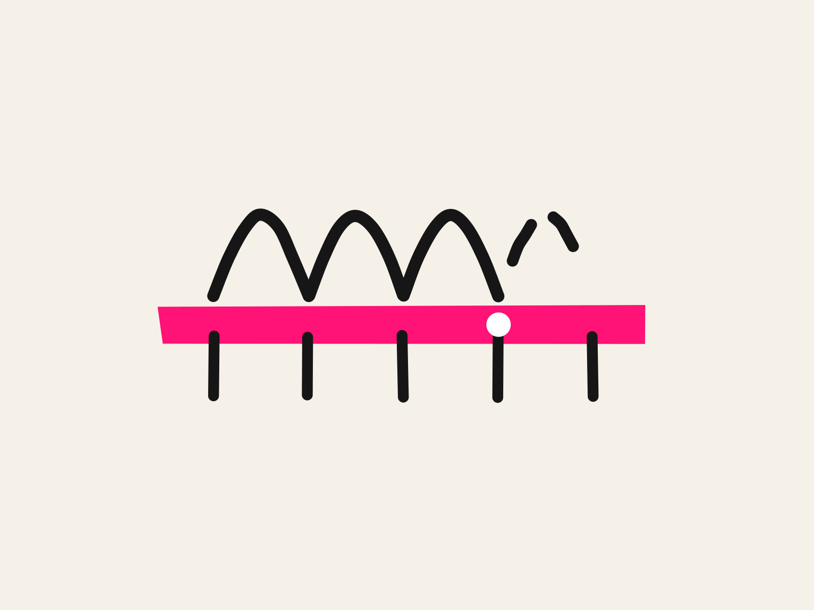 A pink cut-paper number line with black hand-drawn tick marks hanging below it and three equal black hops arcing from tick to tick above it, a white marker showing how far the student has come and the next hop drawn as a broken line, standing for a math goal reached in small equal steps and not finished yet.