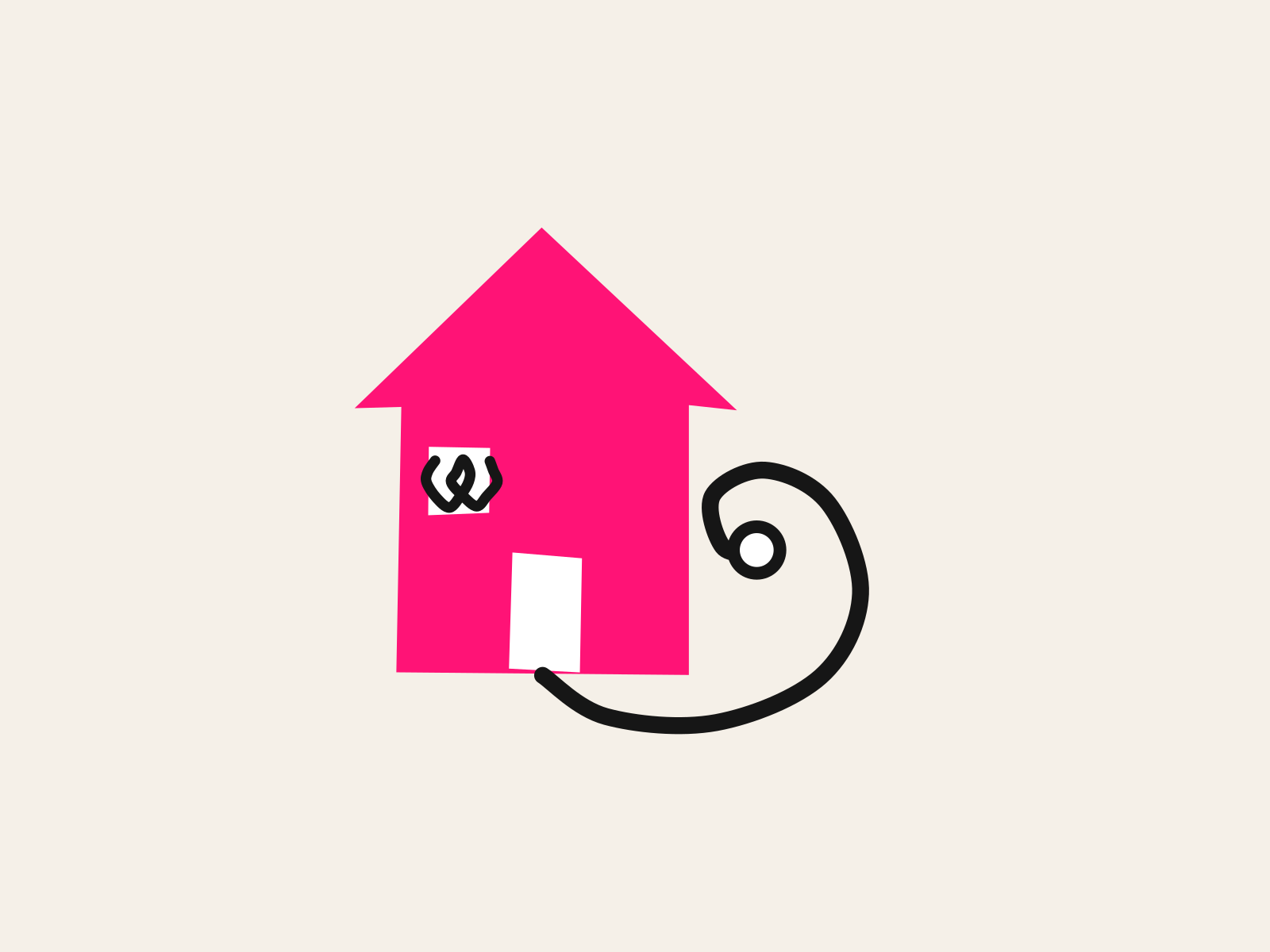 A pink cut-paper house with a white door and a window of black scribbled writing, and a thick black hand-drawn trail winding from the door to a white dot, standing for the trace a student's thinking leaves behind.