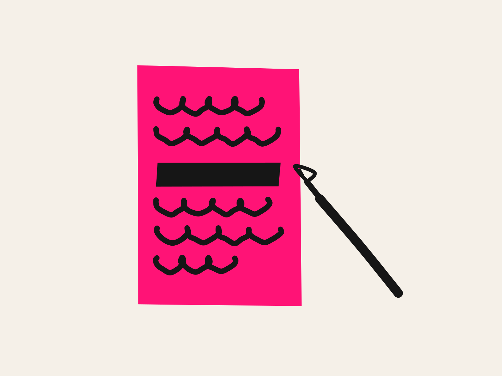 A pink cut-paper letter covered in hand-drawn black lines of writing with one line hidden under a heavy black redaction bar, and a black line-drawn pen resting at its edge, standing for the recommendation letter AI can draft and the one detail that stays out of the tool.