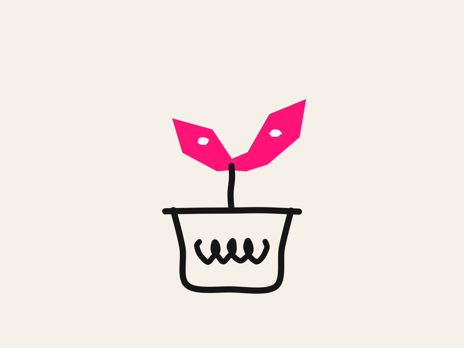 A thick black hand-drawn flower pot with a scribbled line of writing on its side and a pink cut-paper two-leaf sprout rising from it, standing for tools that help the adult grow a young child's learning from the teacher's side.