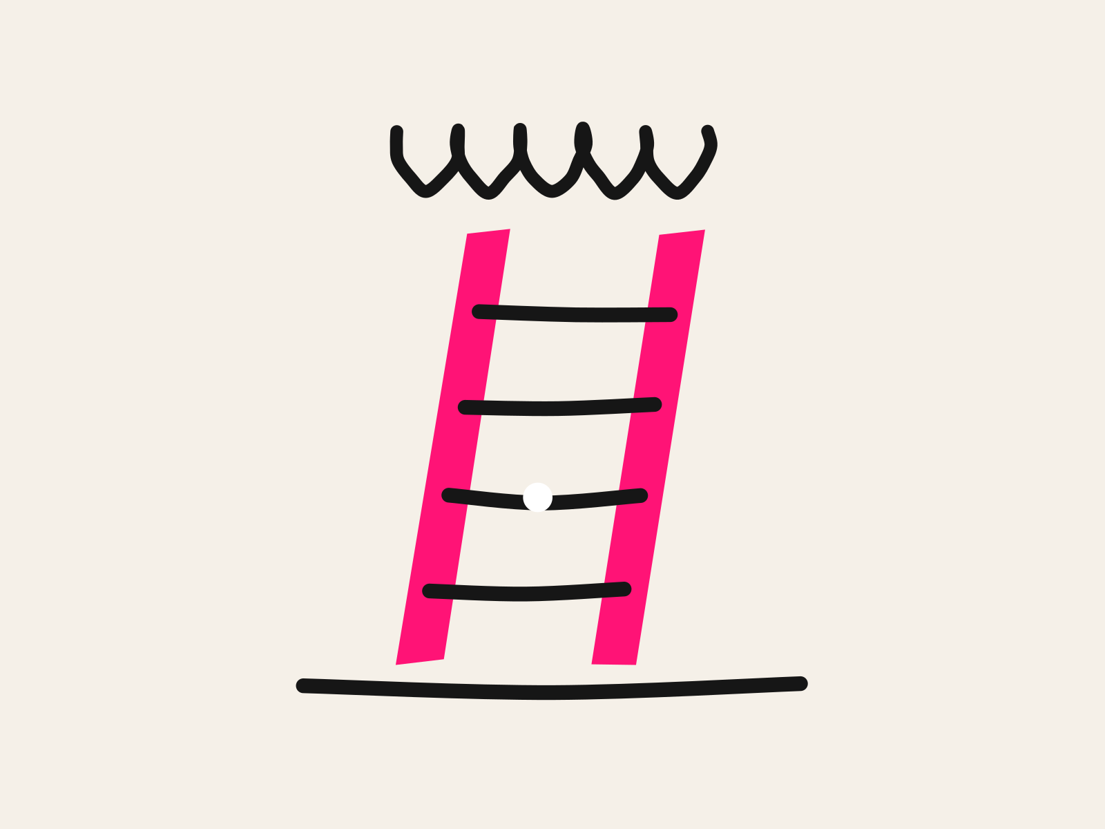 A pink cut-paper ladder with black hand-drawn rungs, one rung marked with a white dot, stands under a line of black scribbled writing, standing for the step-by-step reading level a child climbs.