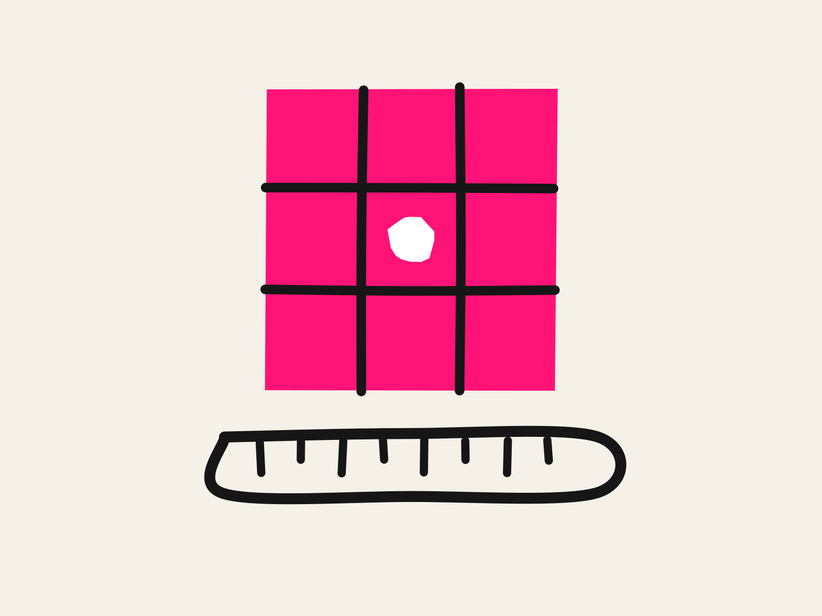 A pink cut-paper page ruled into a grid of thick black hand-drawn lines with one white dot in the middle cell, and a black hand-drawn ruler with tick marks lying beneath it, standing for grading measured against the teacher's own rubric.